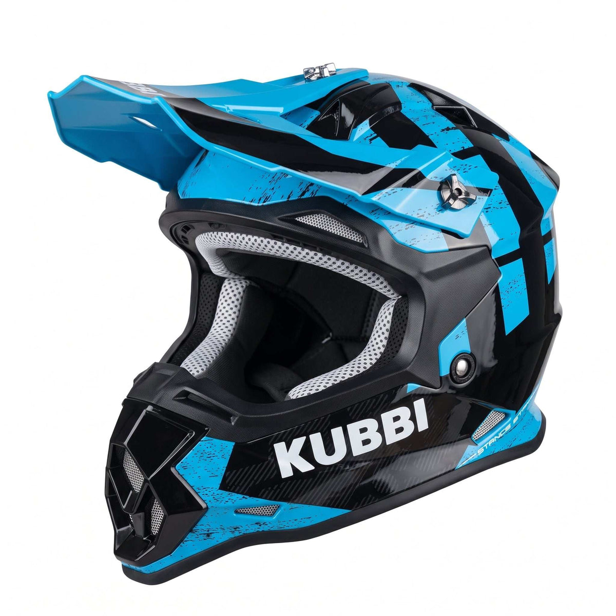 Kubbi Youth Dirt Bike Helmet in blue and black with a geometric pattern, full-face design, and ventilation features.