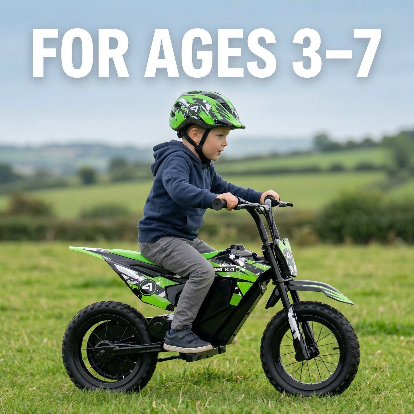 Kubbi K4 Dirt Bike electric kid's off-road bike with 12-inch tyres and dual speed modes for ages 3-7