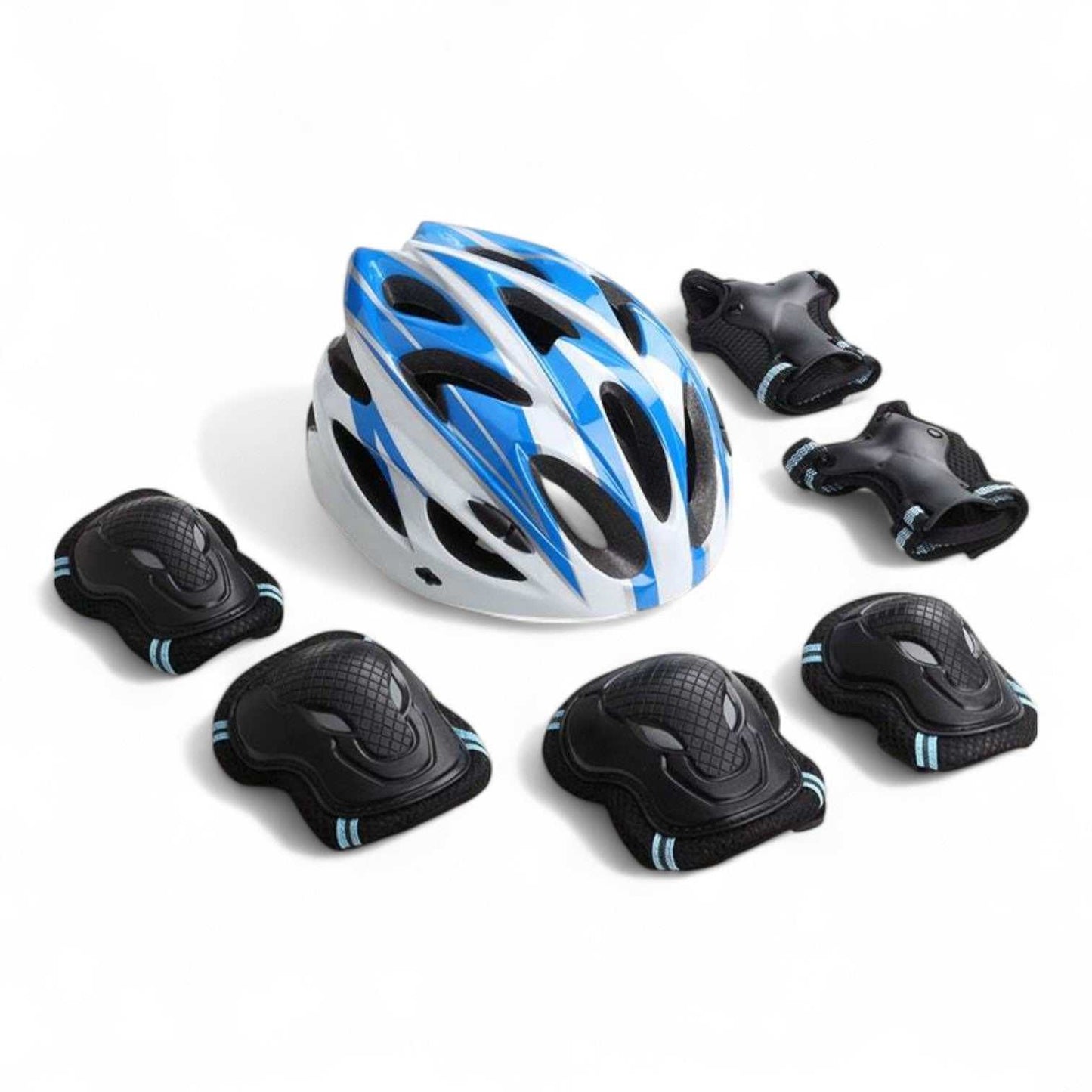Kids bike helmet and protective pads set with blue and white helmet, black elbow pads, knee pads, and gloves for child safety.
