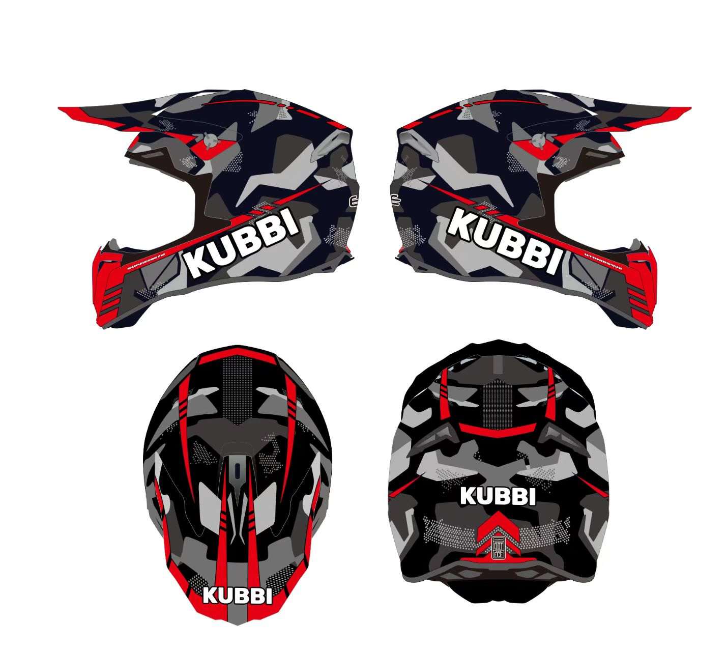 Kubbi Kids red and black motocross crash helmet with camo design shown from multiple angles