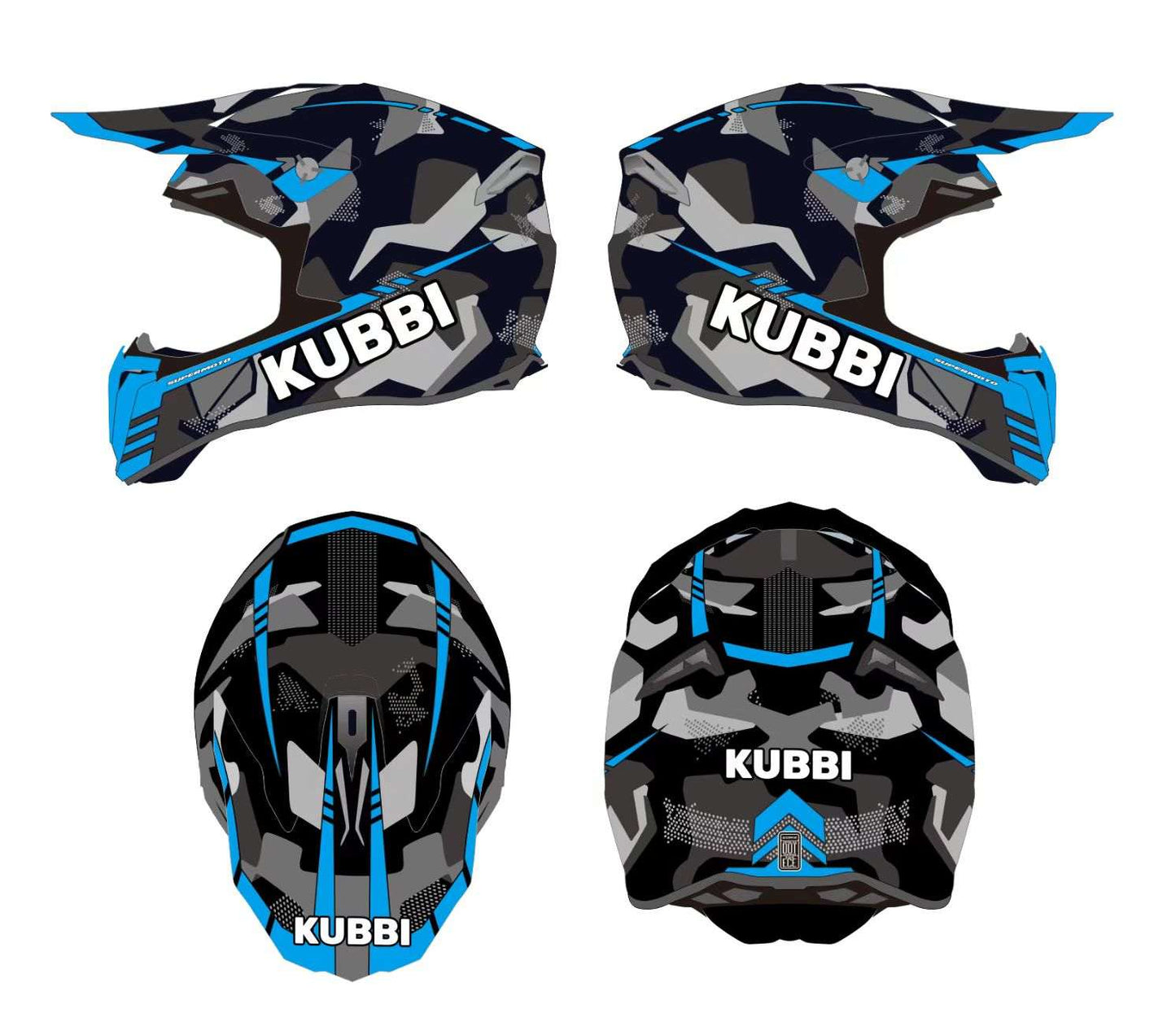Kubbi Kids blue motocross crash helmet with black and gray camouflage design shown from multiple angles