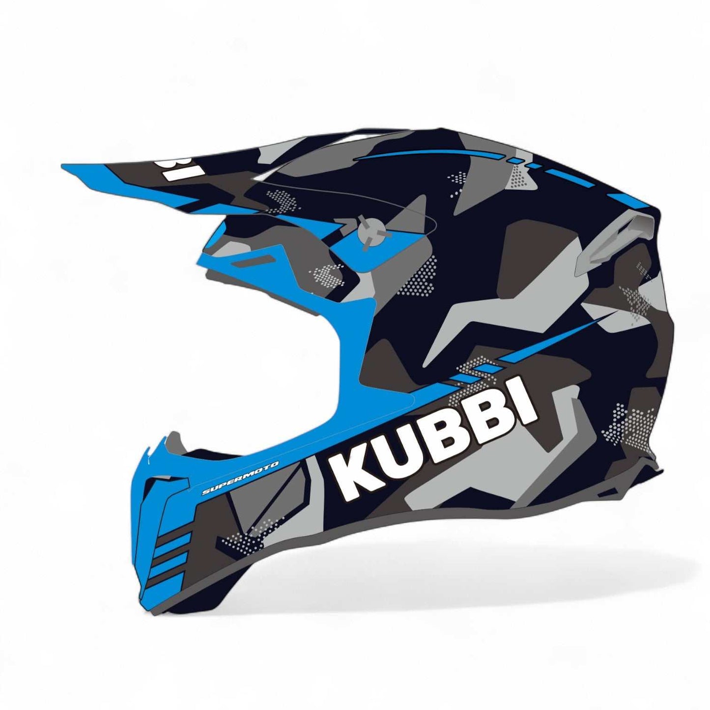 Kubbi Kids blue motocross crash helmet with black and gray camouflage design