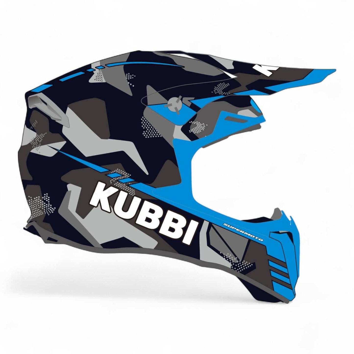 Blue Kubbi Kids motocross crash helmet with black and gray camouflage design