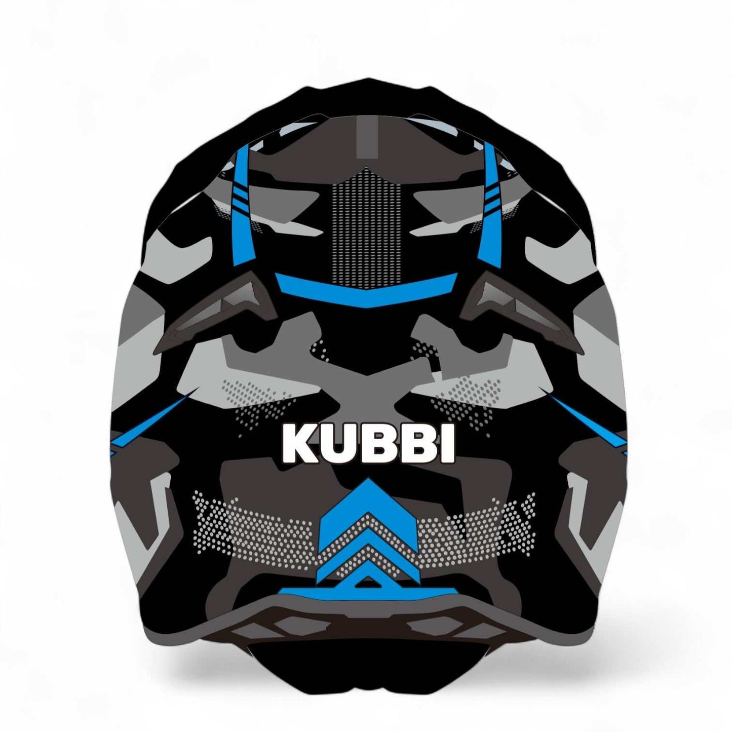 Kubbi Kids blue motocross crash helmet with black and grey geometric design