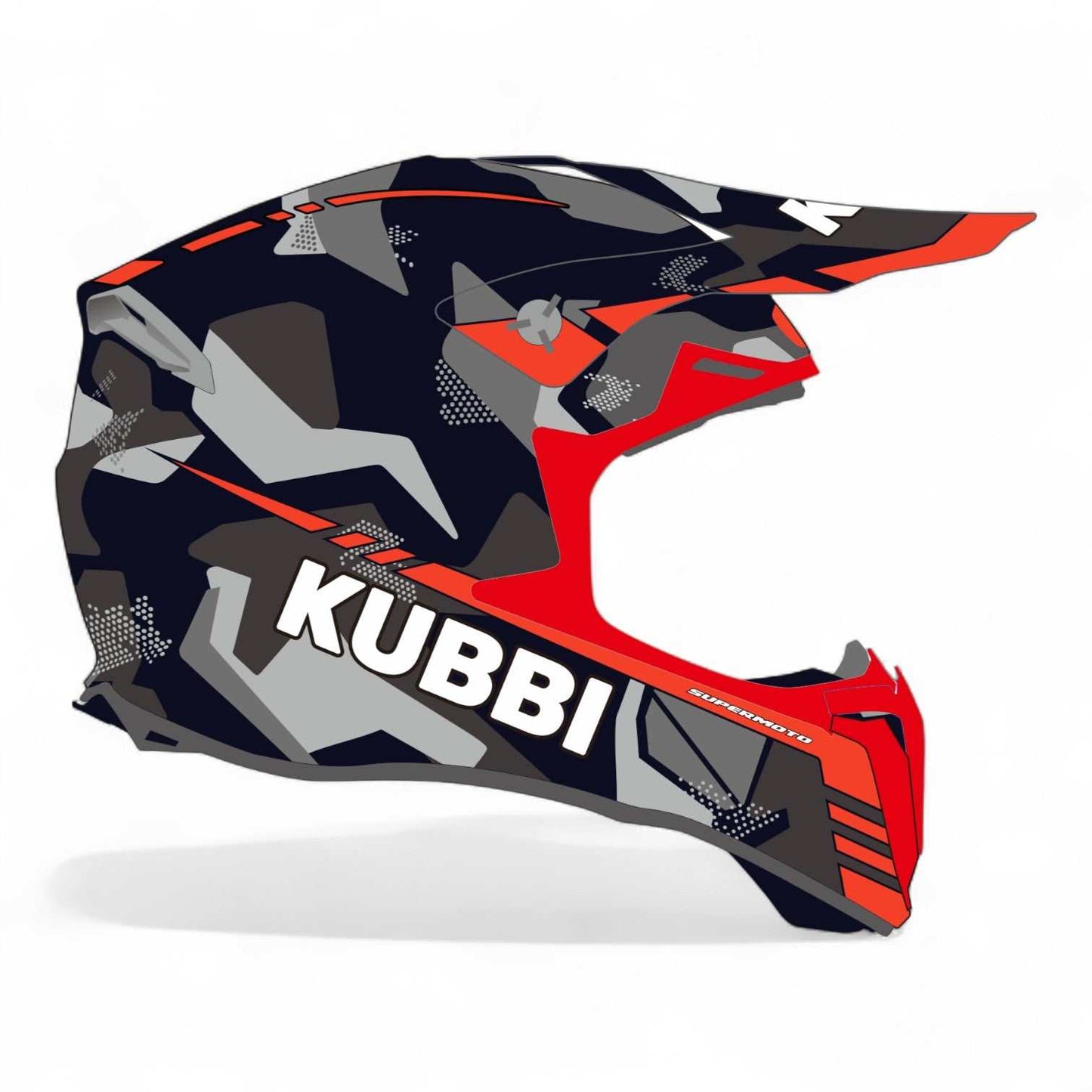 Kubbi Kids red motocross crash helmet with black and grey camo design
