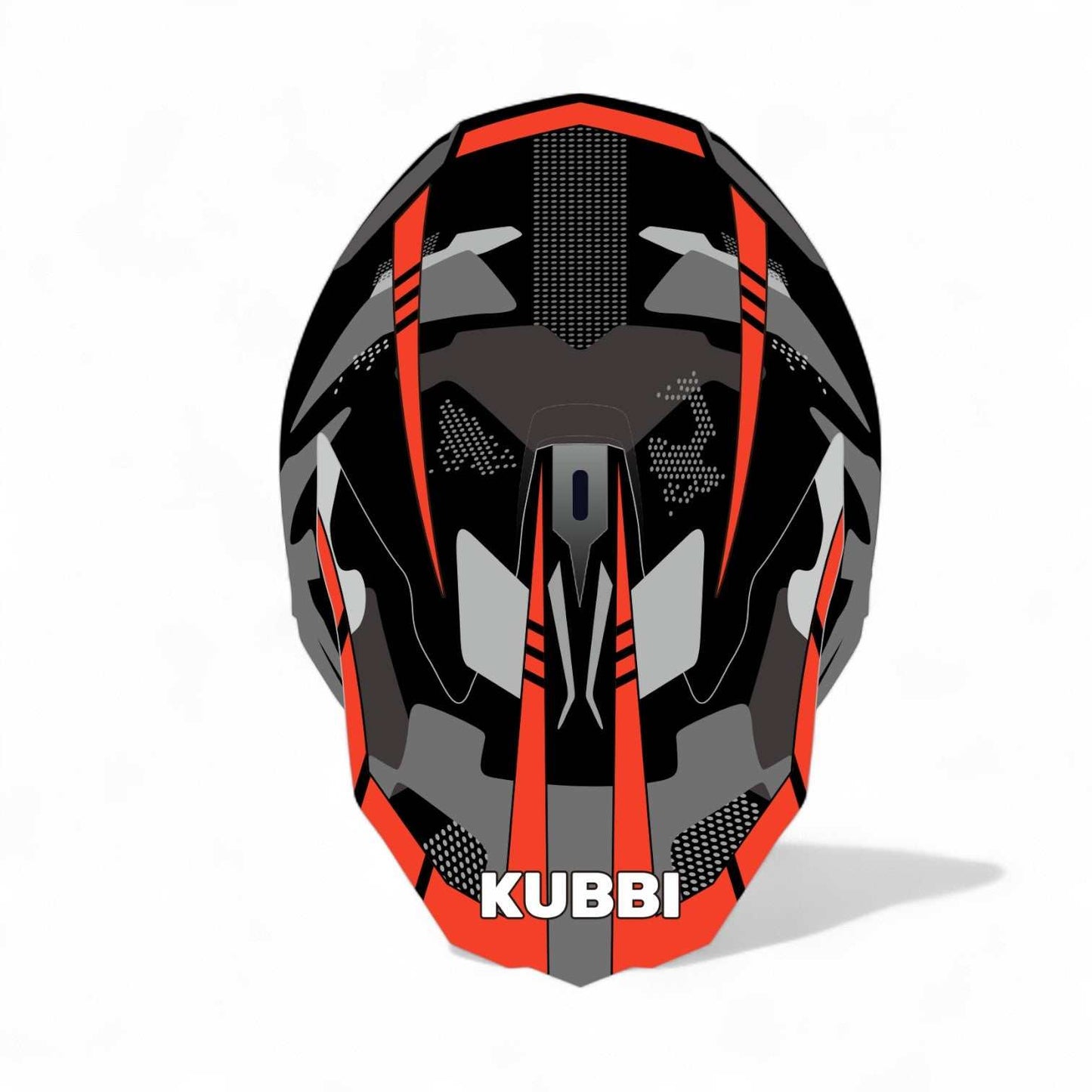 Kubbi Kids red motocross crash helmet with black and gray accents viewed from above