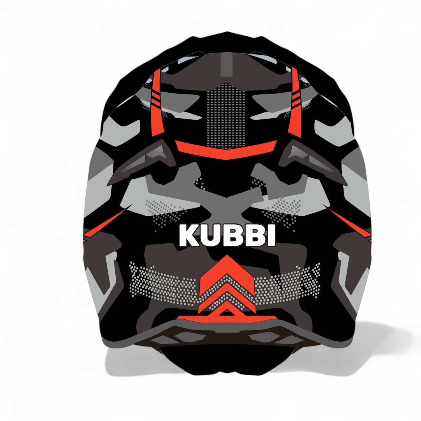 Kubbi Kids red motocross crash helmet with black and gray camouflage design and protective features