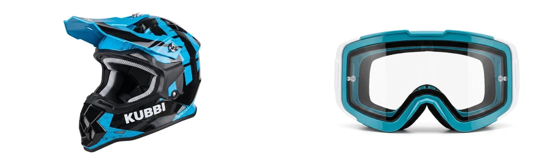 Kubbi Youth Dirt Bike Helmet in blue beside a pair of Kubbi youth goggles