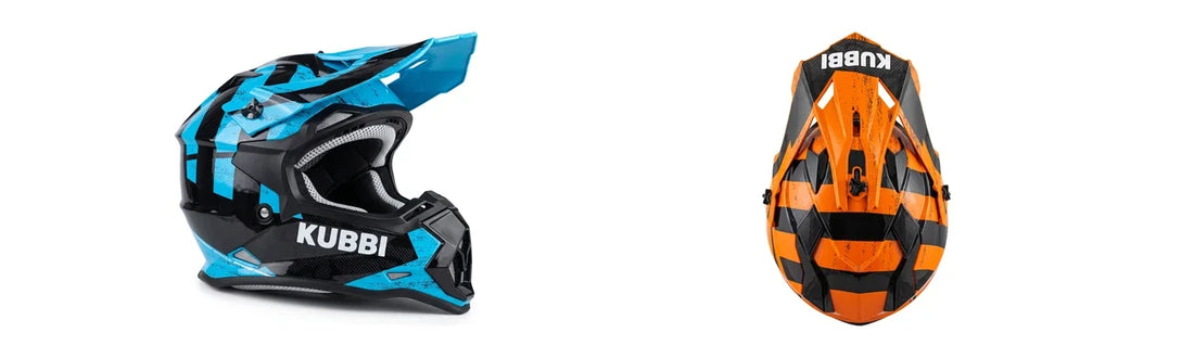 Kubbi Youth Dirt Bike Helmets in blue and orange, side by side