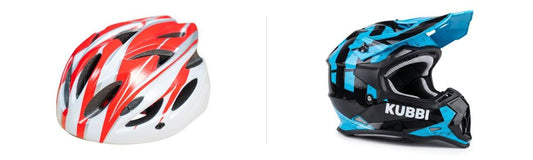 A kids' cycle helmet beside a Kubbi full-face motocross helmet, side by side on white