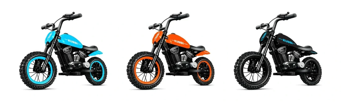 Kubbi Cruiser kids electric motorbike in blue, orange and black, side by side