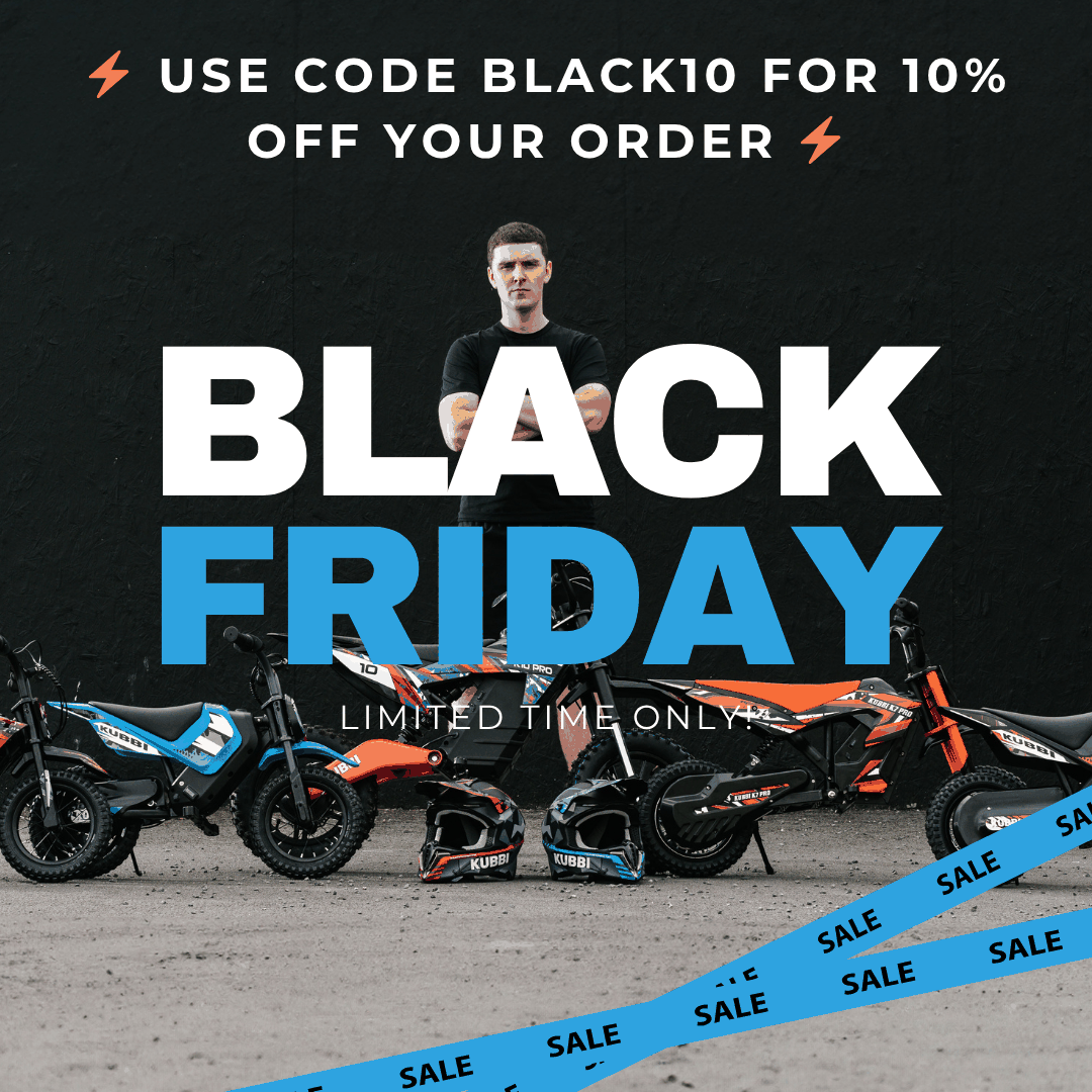 Kubbi K4 Dirt Bike for kids ages 3-9 with 150W motor, dual speed modes, 12-inch off-road tires, splash-resistant design, and 12-month warranty promotional Black Friday sale image