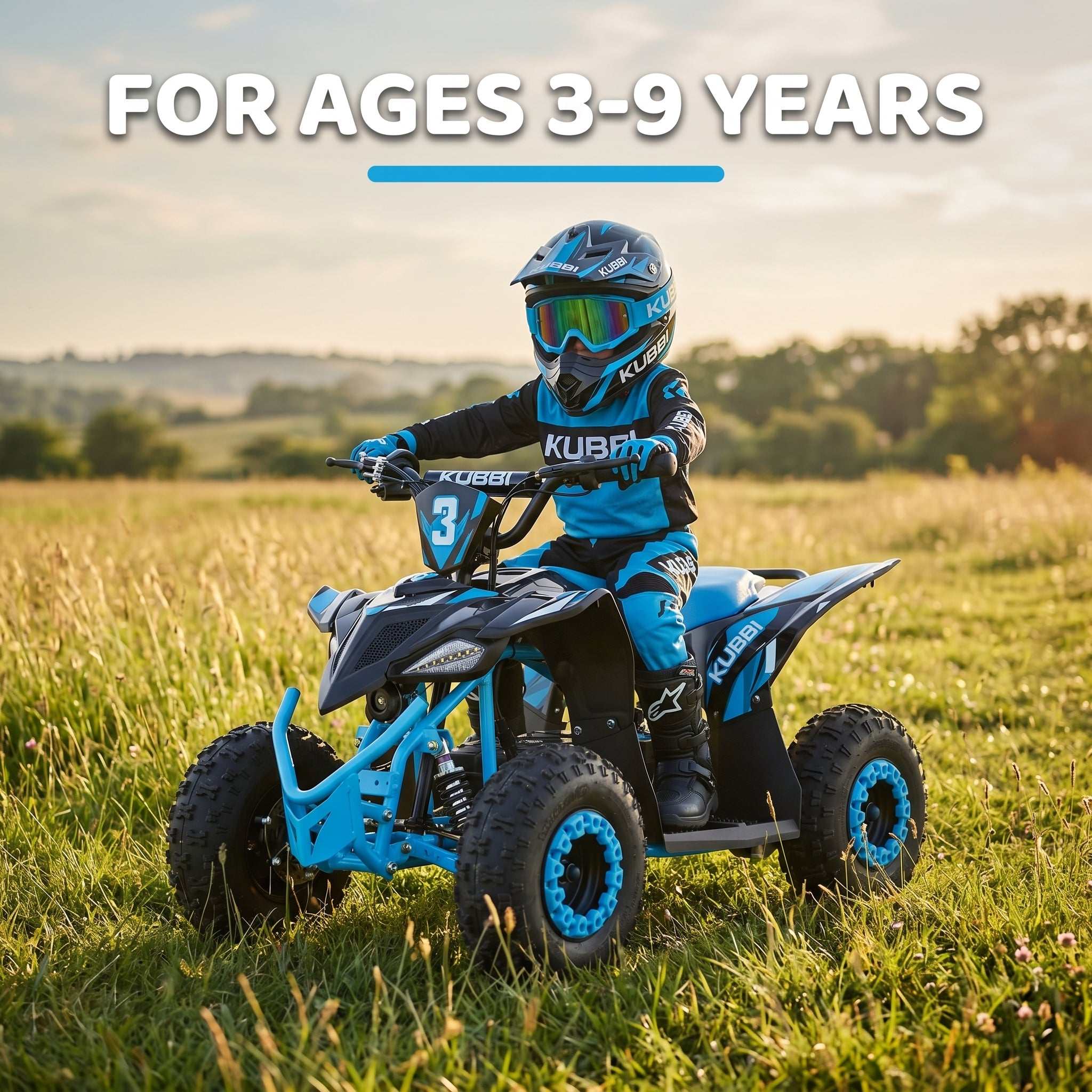 Kids riding the Kubbi Q3 Electric Quad Bike with off-road tires and parental speed control outdoors