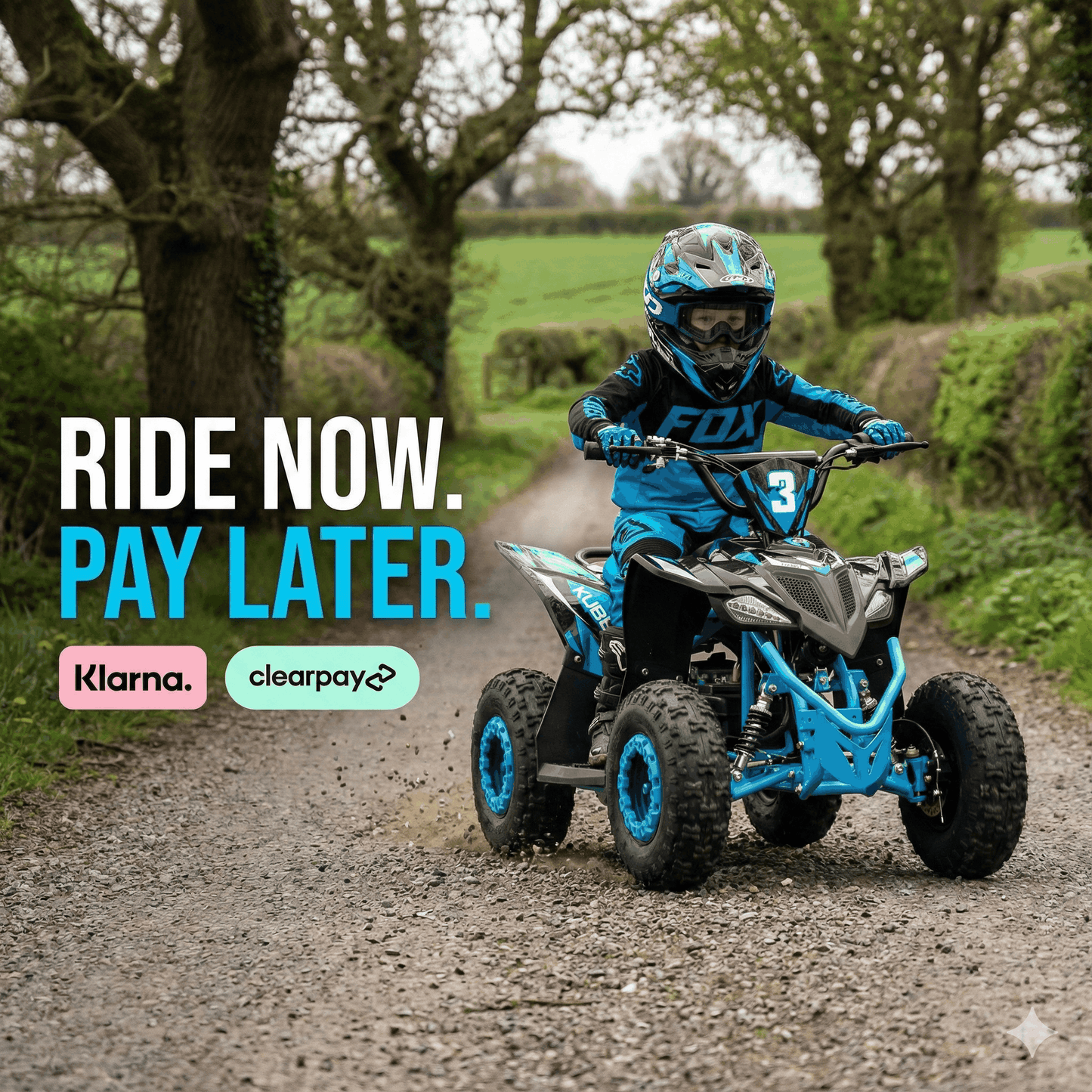 Child riding Kubbi Q3 Electric Quad Bike on off-road trail with safety gear and promotional "Ride Now. Pay Later." text