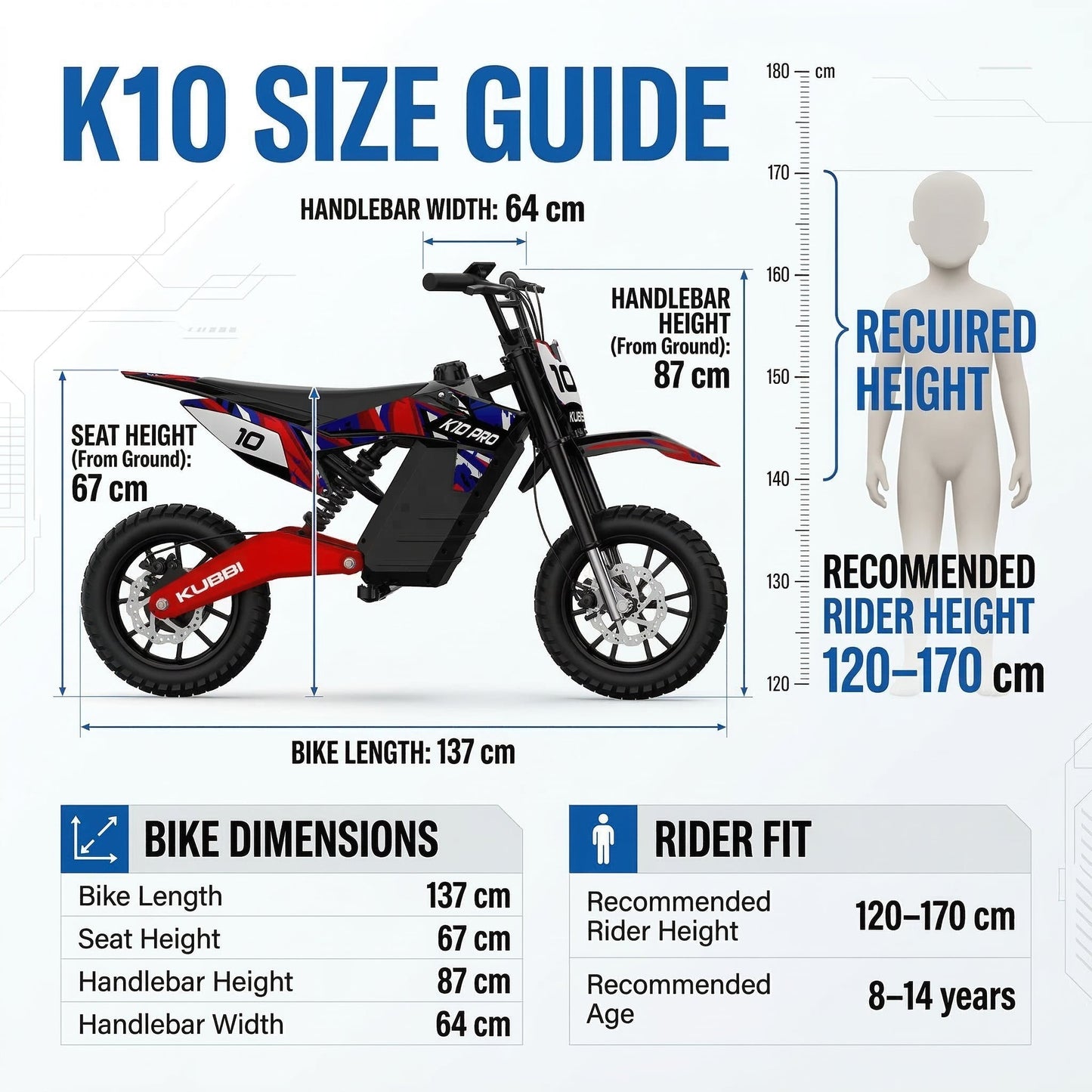 Kubbi K10 Pro electric dirt bike for kids aged 8-14 with 800W motor, full suspension, and 14-inch off-road tires