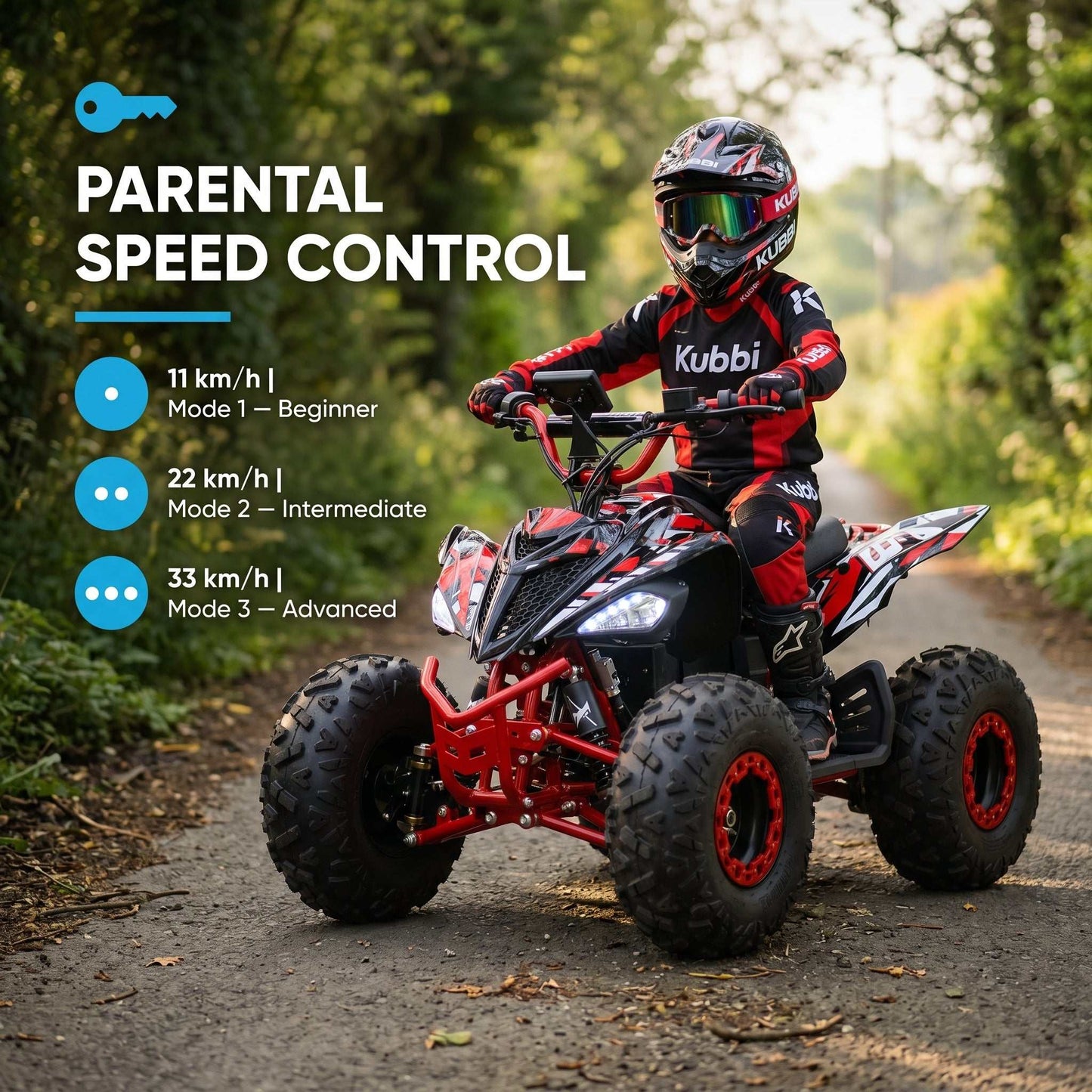 Kubbi Q19 electric quad bike for kids aged 7-14 with 1500W motor and shaft drive system