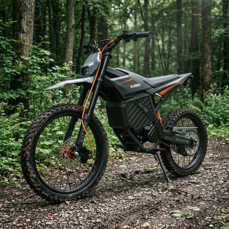 Kubbi K47 Pro electric dirt bike in action on rugged terrain