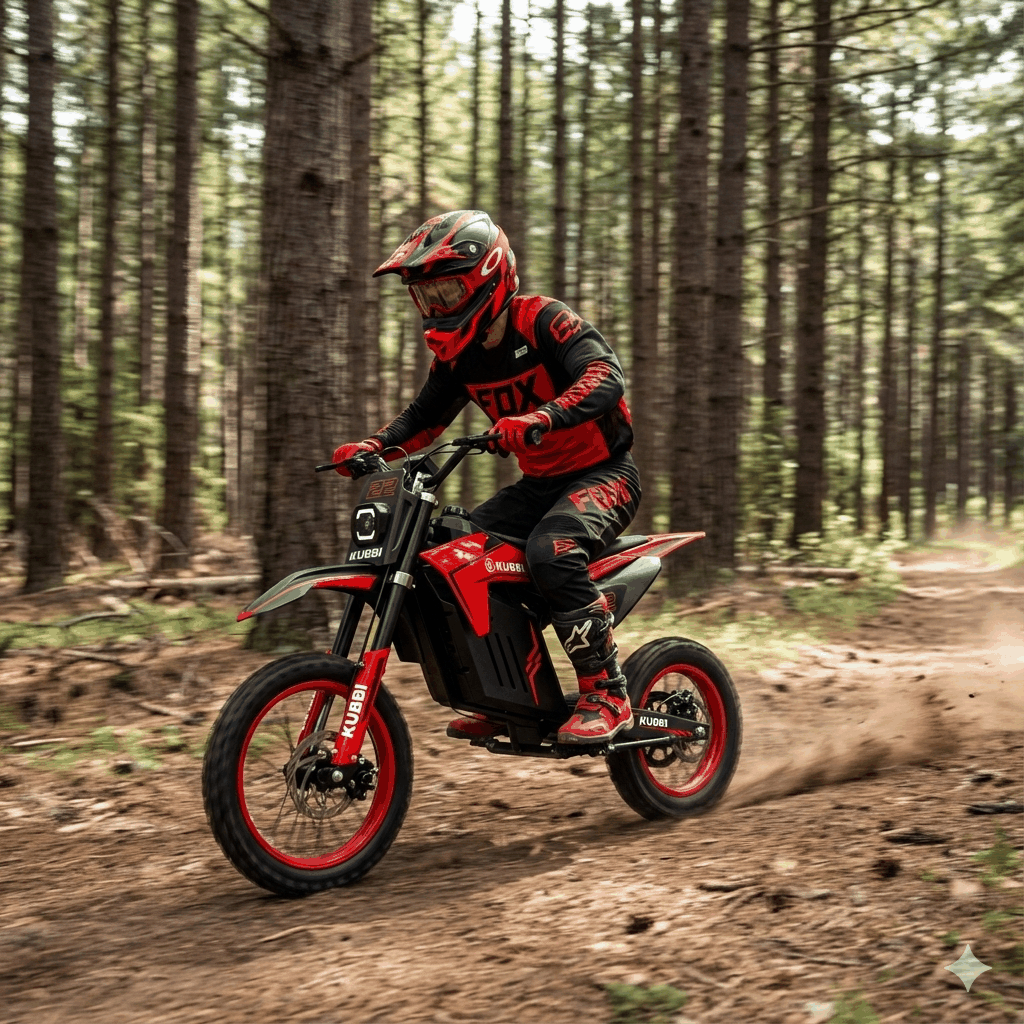 Teen rider on Kubbi K22 Electric Dirt Bike riding off-road in forest trail