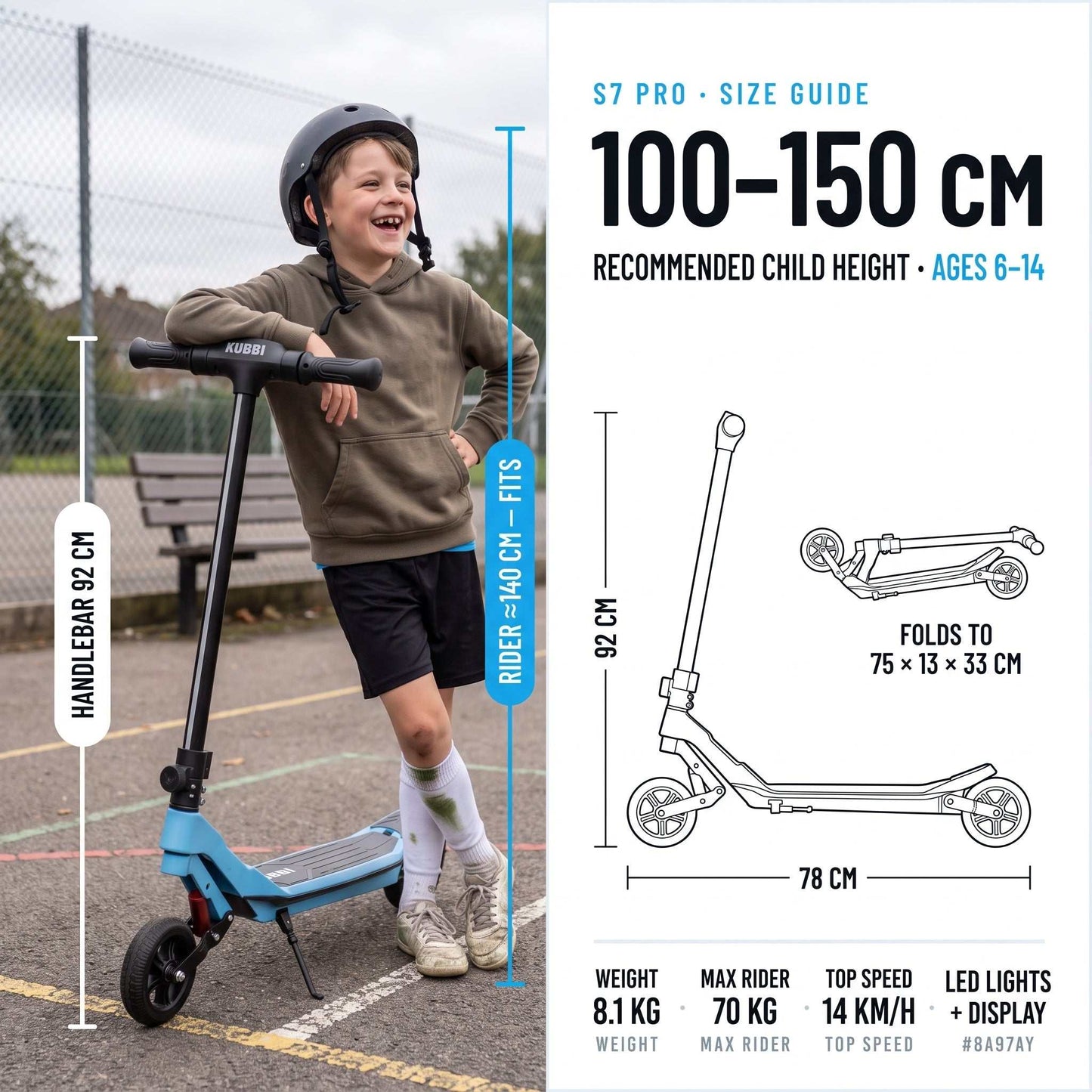 Kubbi S7 Pro Junior off-road electric scooter for kids aged 8–13 with 200W motor and foldable frame