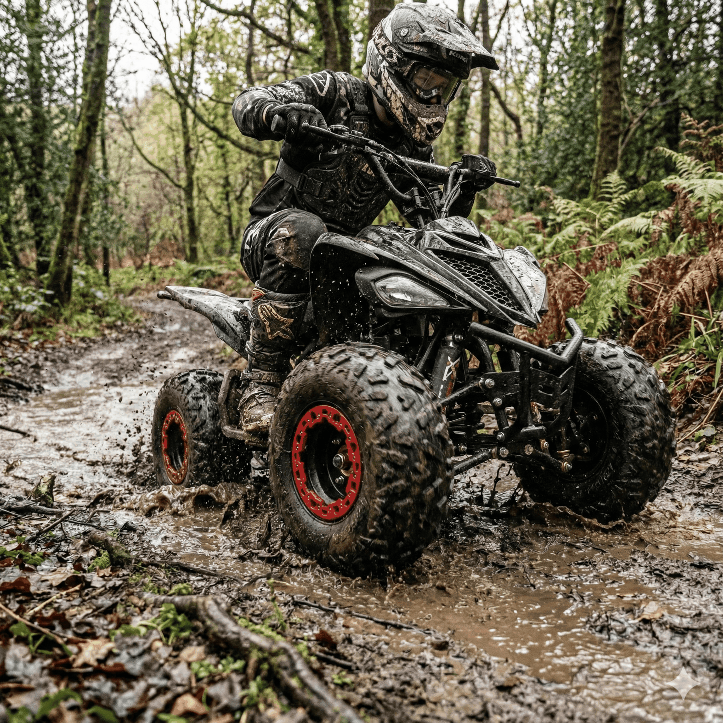 Teen riding Kubbi Q32 Quad bike off-road in muddy forest trail