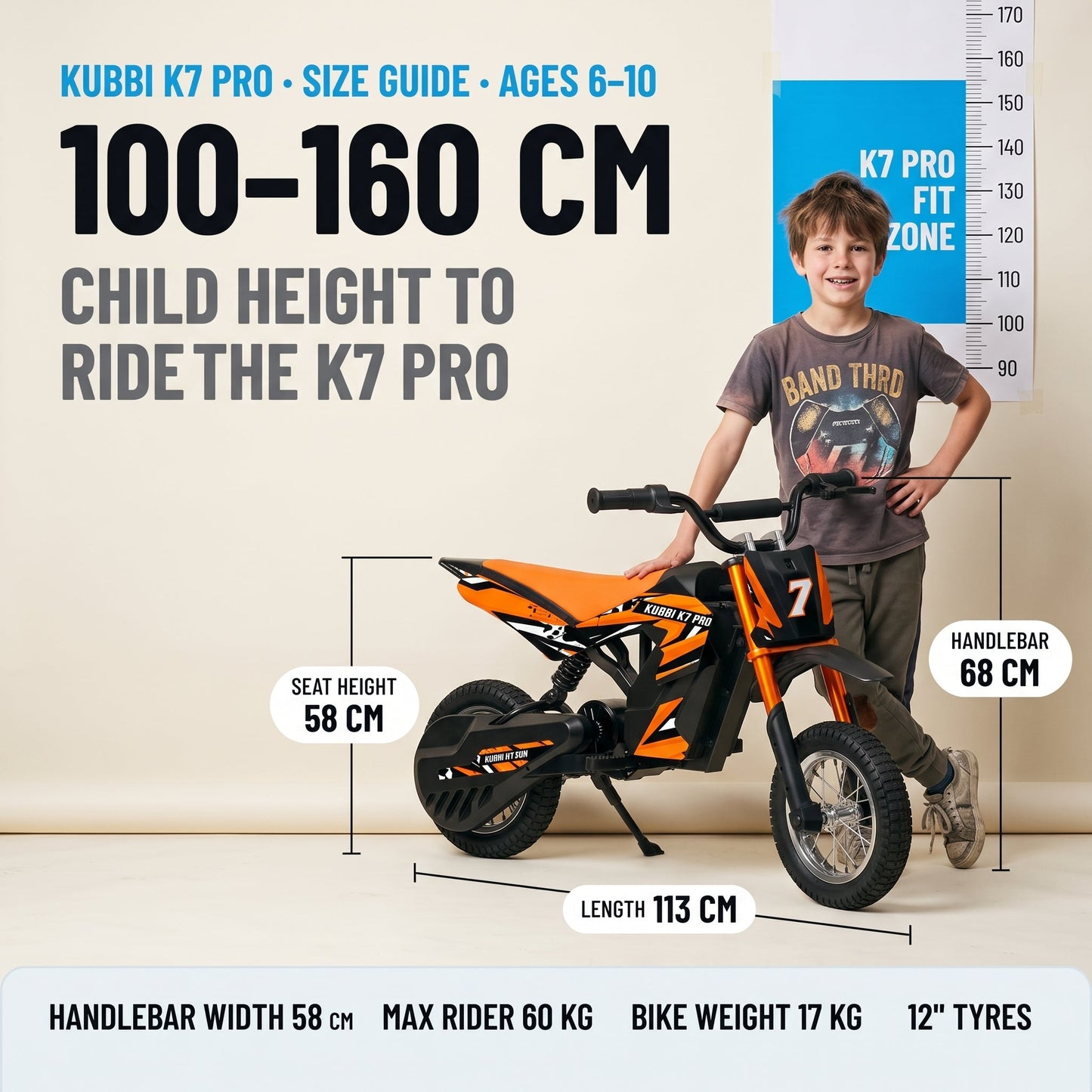 Kubbi K7 Pro Kids Electric Dirt Bike with 300W motor and off-road tires for ages 6-10