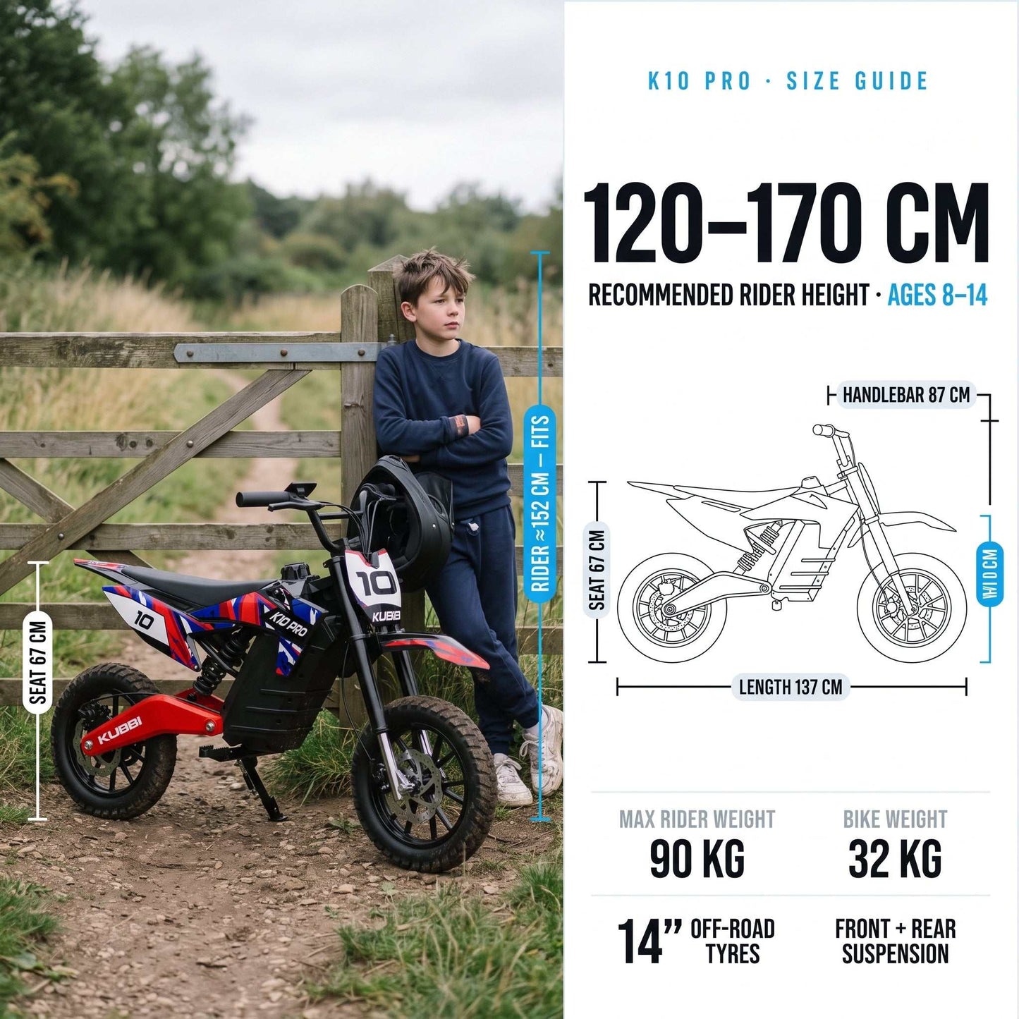 Kubbi K10 Pro electric dirt bike for kids aged 8 to 14 with 800W motor and off-road tires