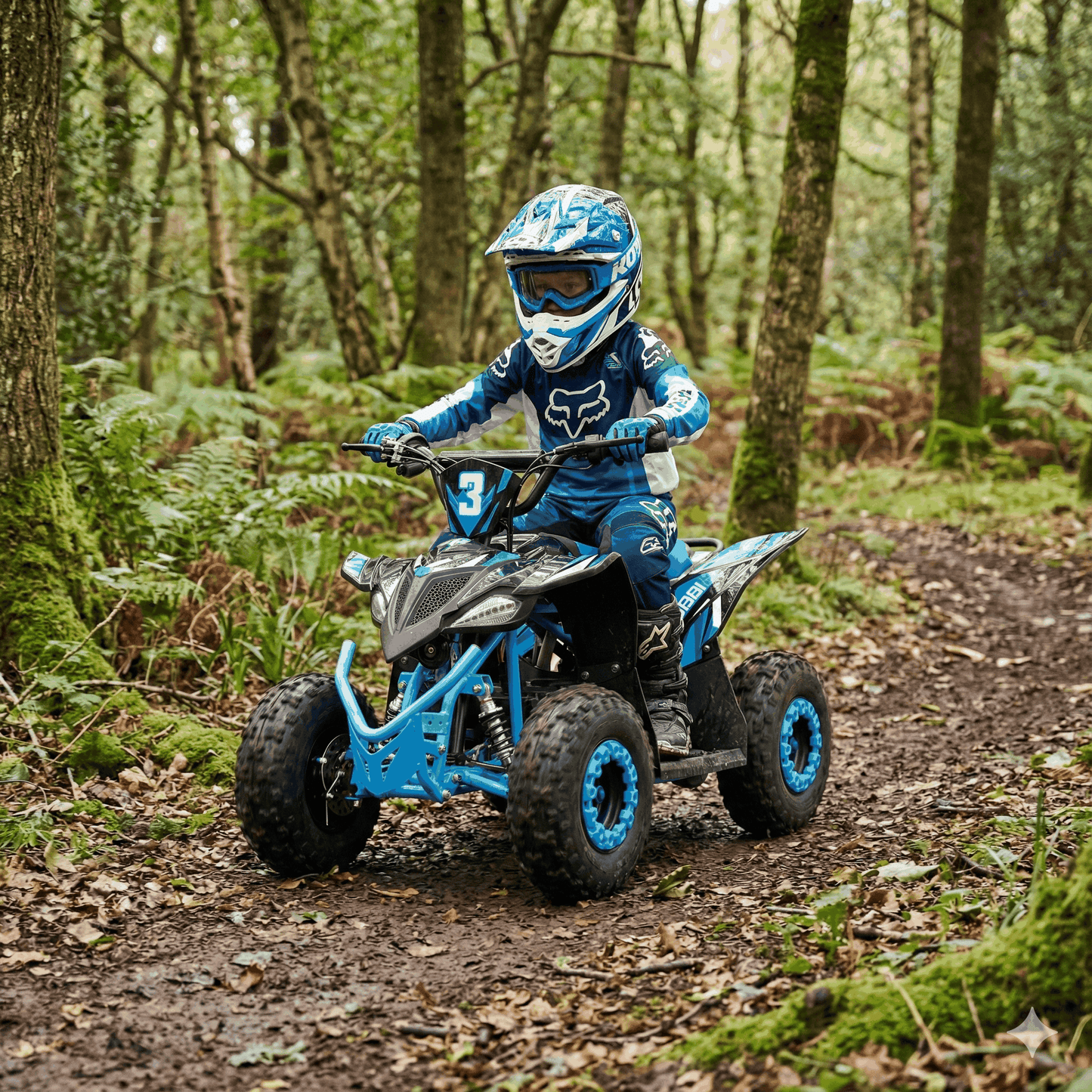 Child riding Kubbi Q3 electric quad bike in forest trail with blue and black design