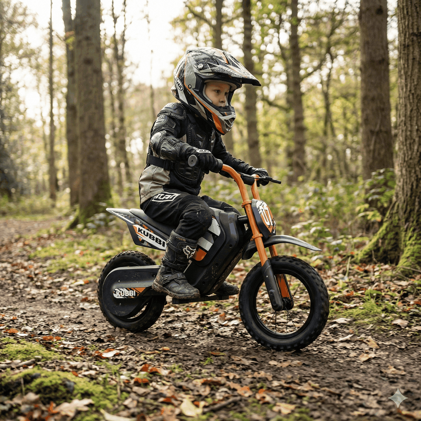 Child riding Kubbi Mini Dirt Bike in forest trail with safety gear and helmet