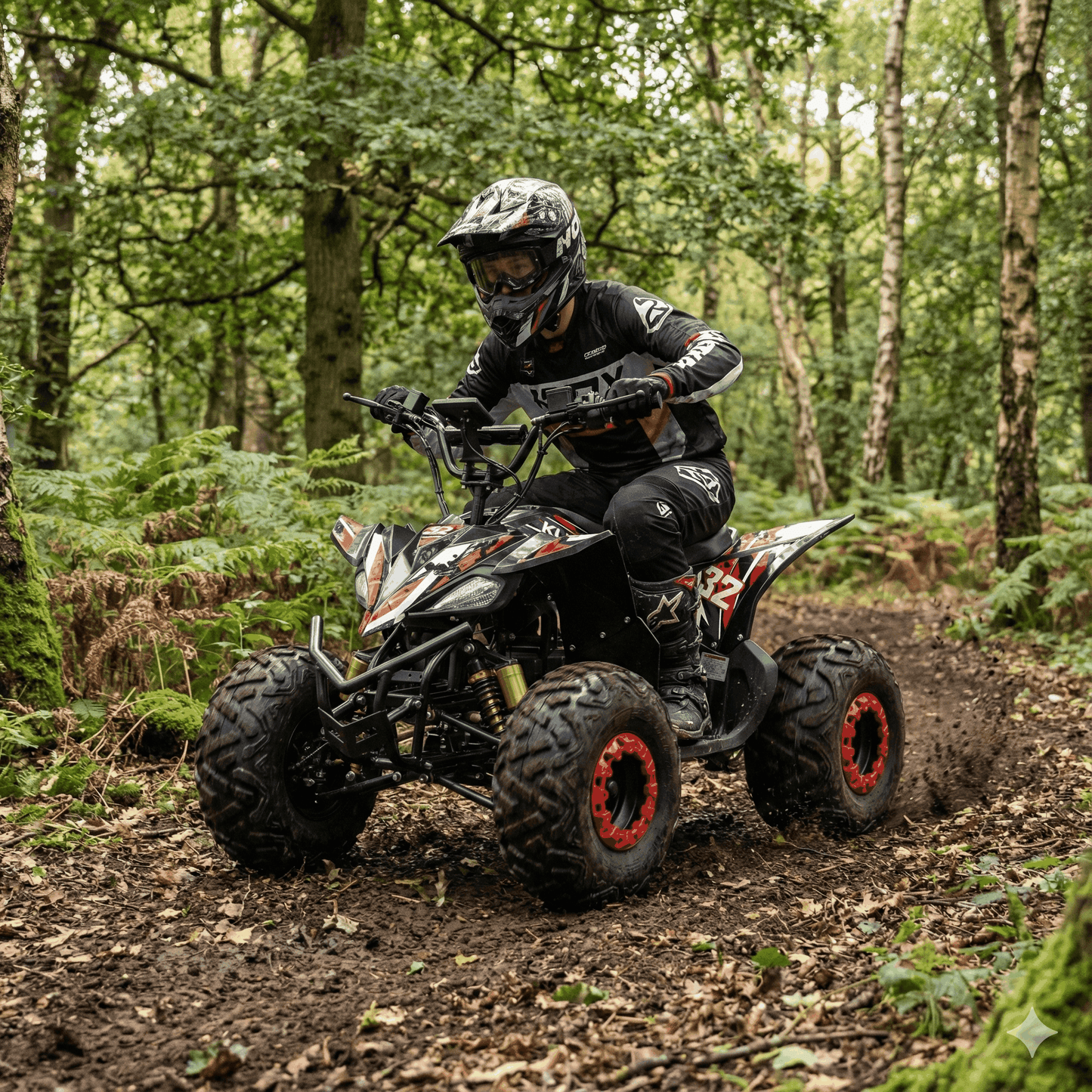 Teen riding Kubbi Q32 Quad electric quad bike on forest trail