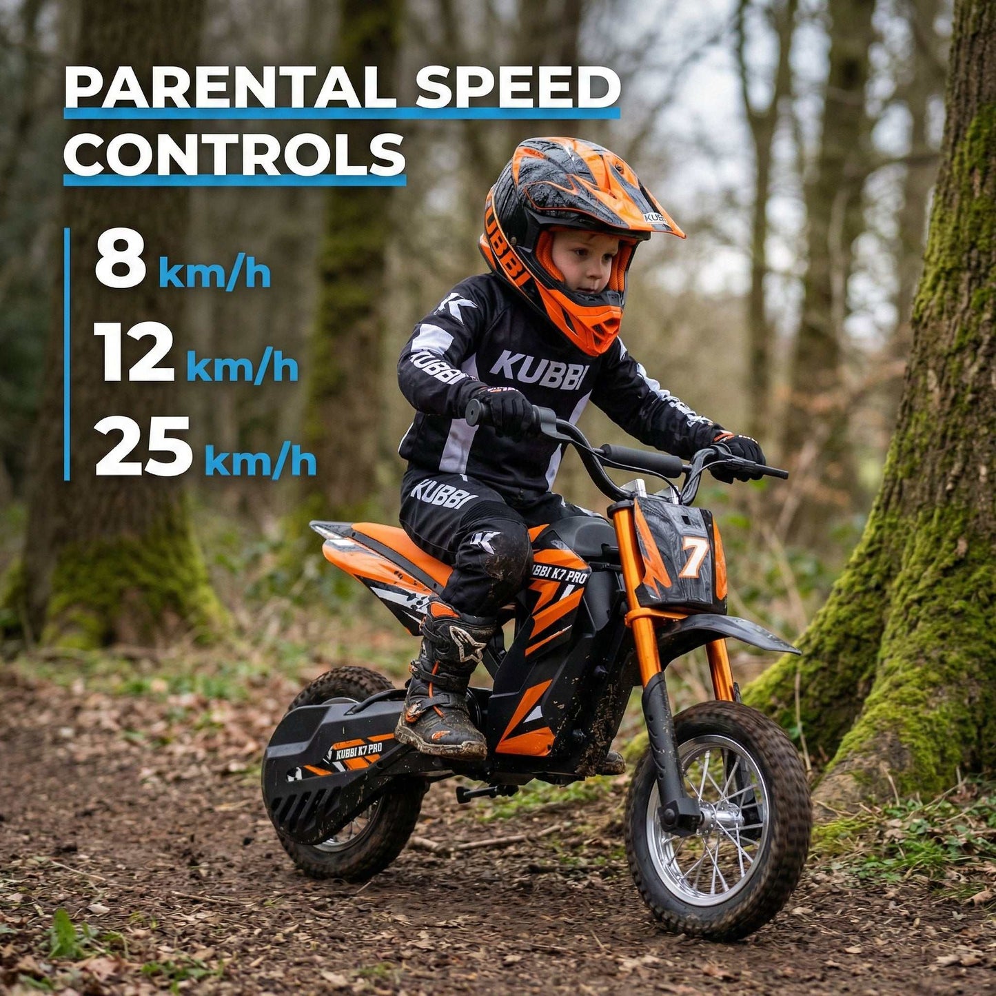 Kubbi K7 Pro Dirt Bike for kids aged 6-10 with 300W motor, 3 speed modes, and off-road tyres