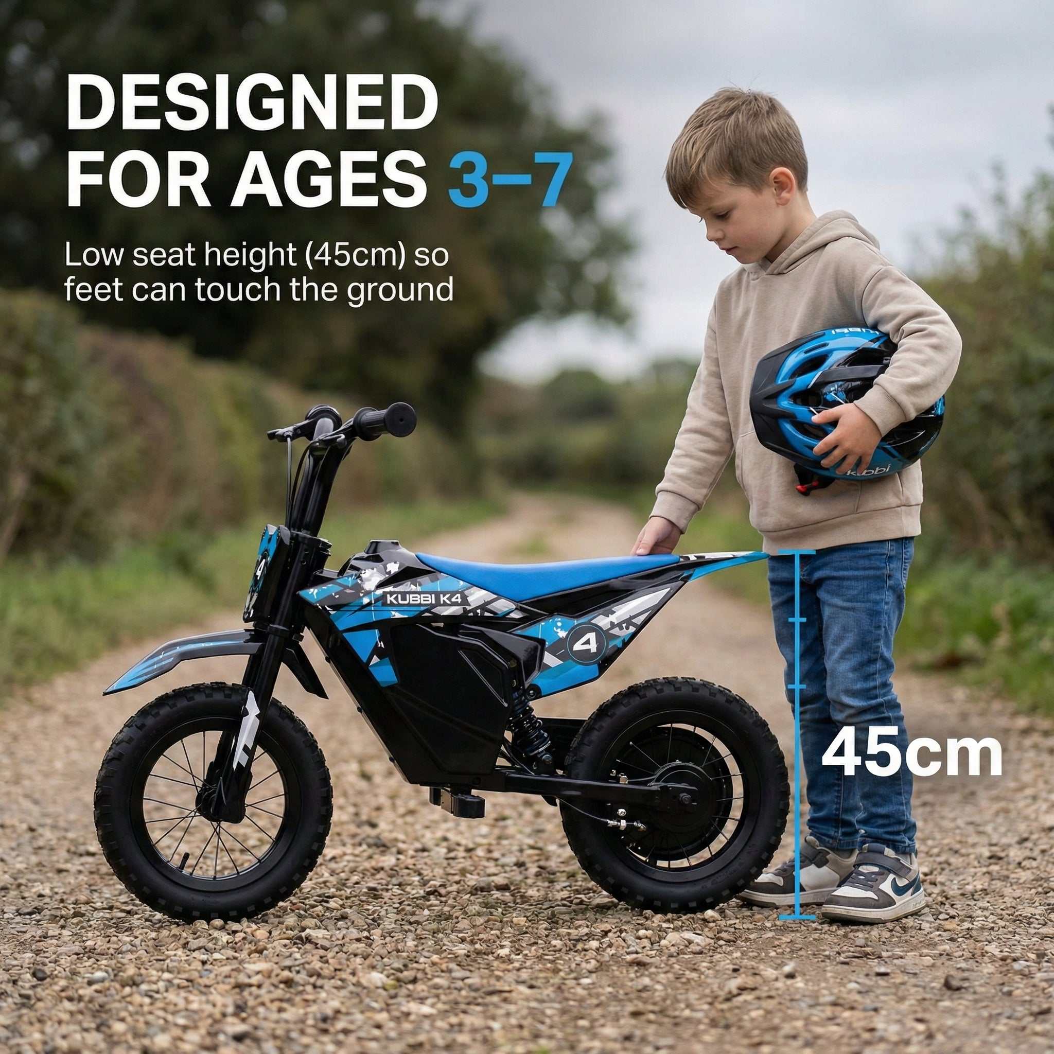 Kubbi K4 electric dirt bike for kids aged 3-7 with 12-inch off-road tyres and dual speed modes