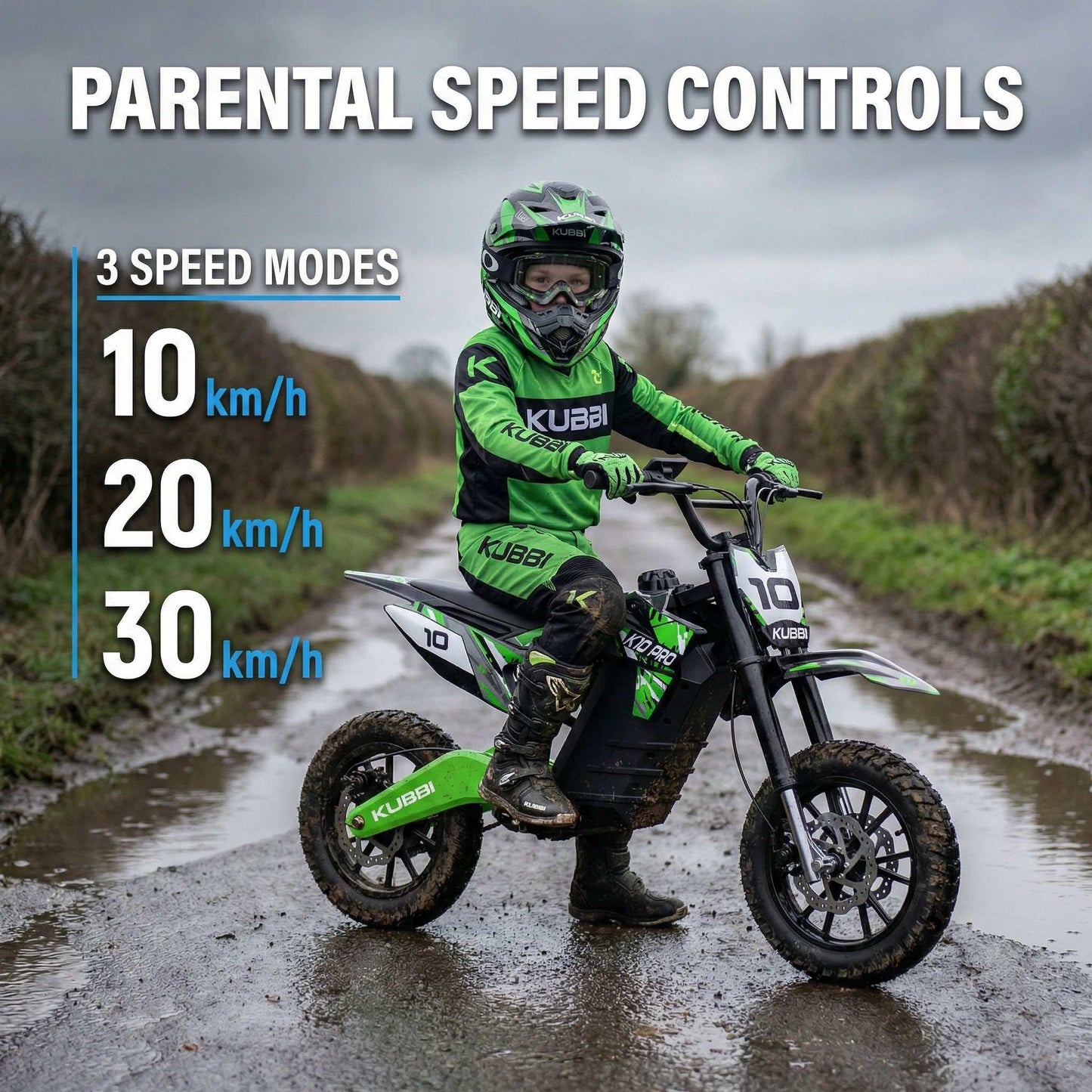 Kubbi K10 Pro electric dirt bike for teens aged 8-14 with 800W motor, full suspension, and 14-inch off-road tires