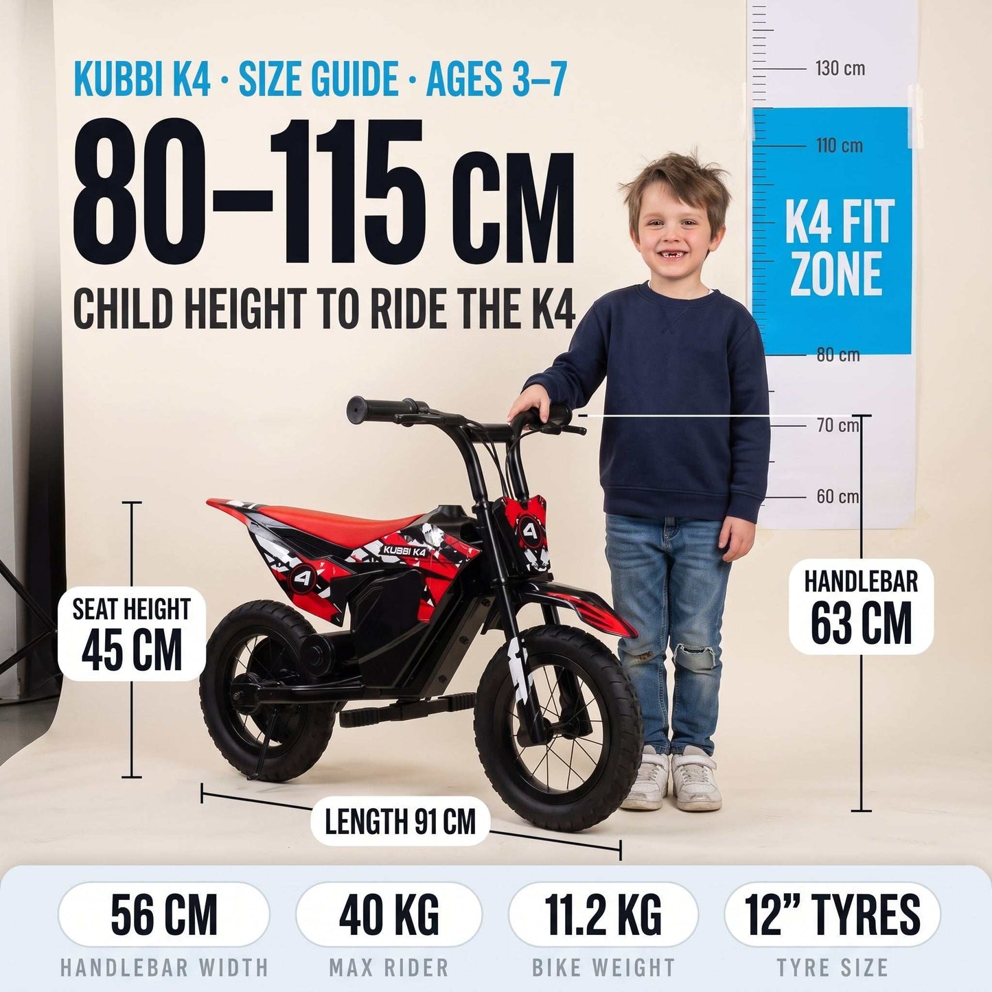 Kubbi K4 electric dirt bike for kids ages 3-7 with 12-inch off-road tires