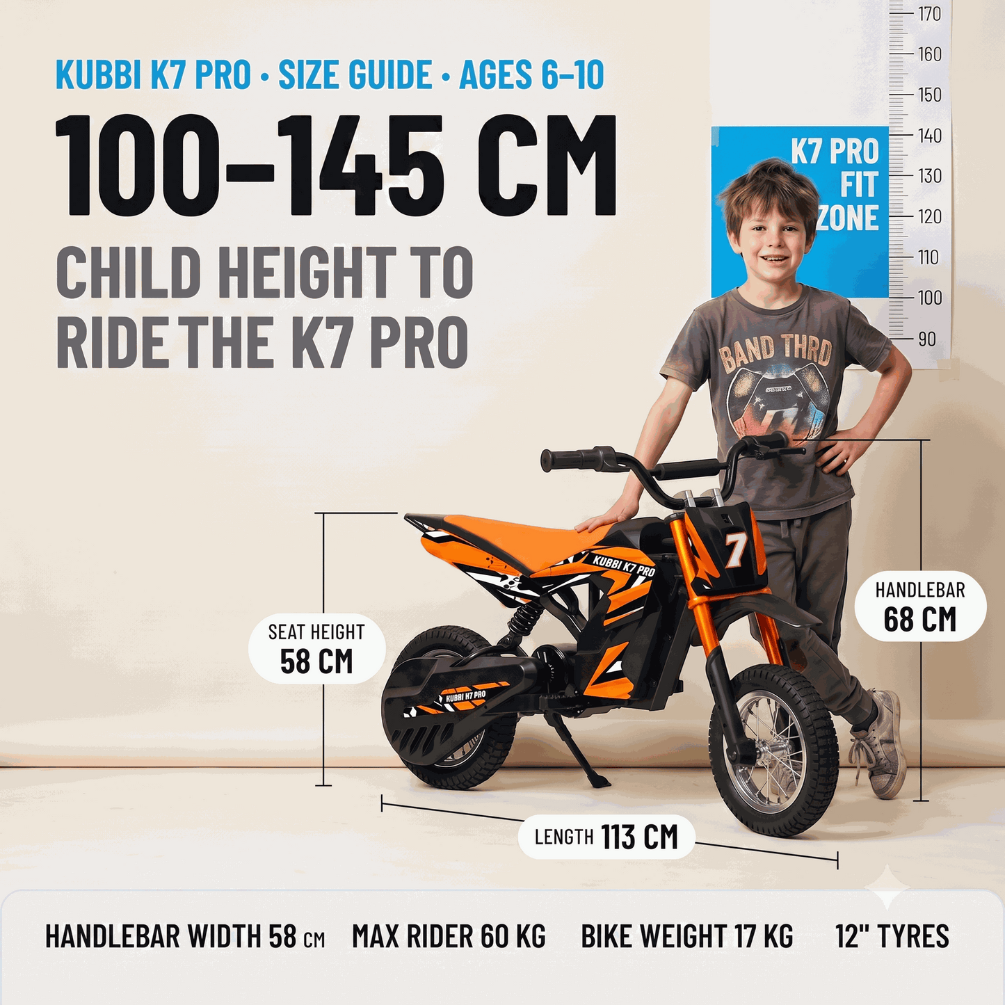 Kubbi K7 Pro Dirt Bike for kids aged 6-10 with 300W motor and off-road tires