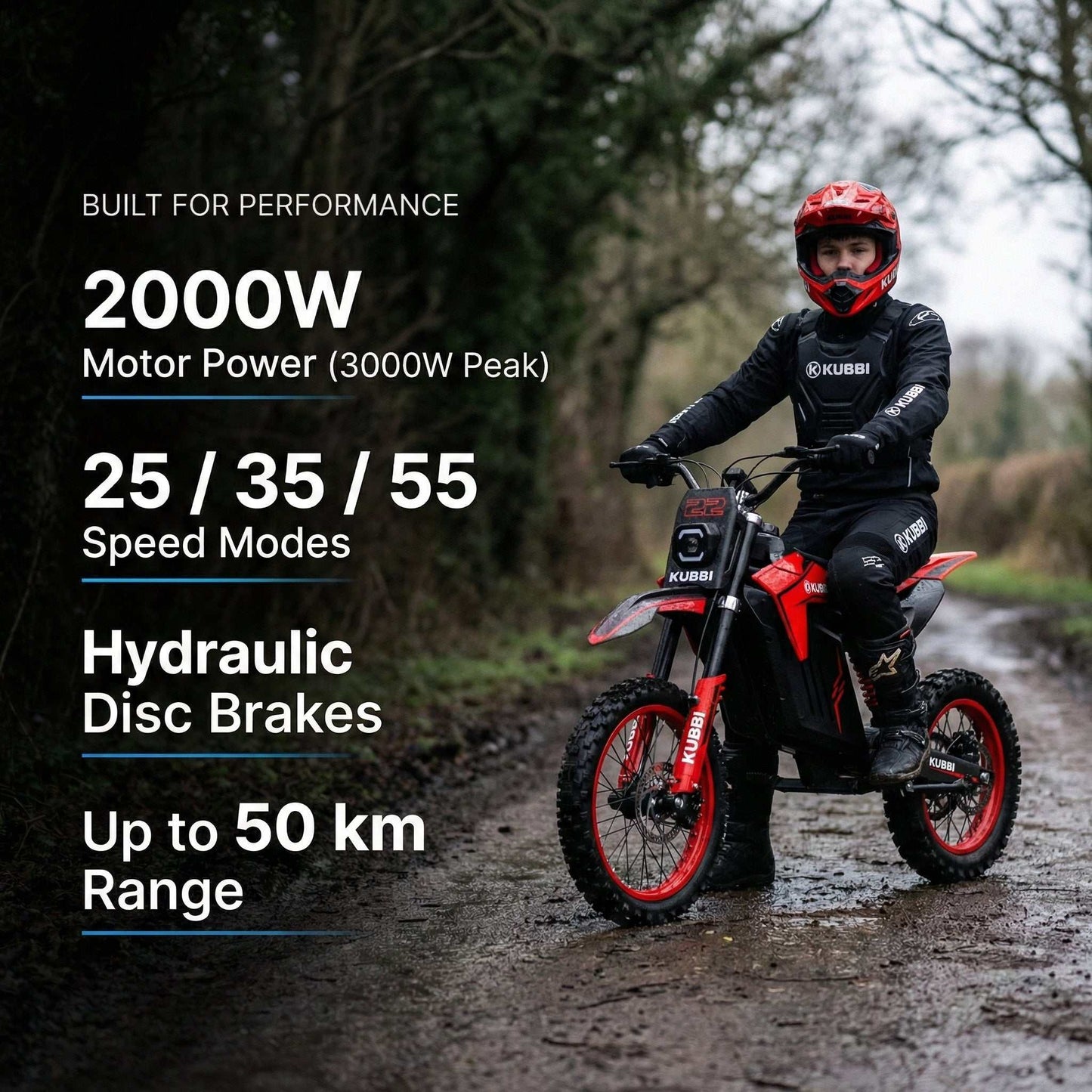 Kubbi K22 electric dirt bike for teenagers off-road riding with 2000W motor and parental speed control