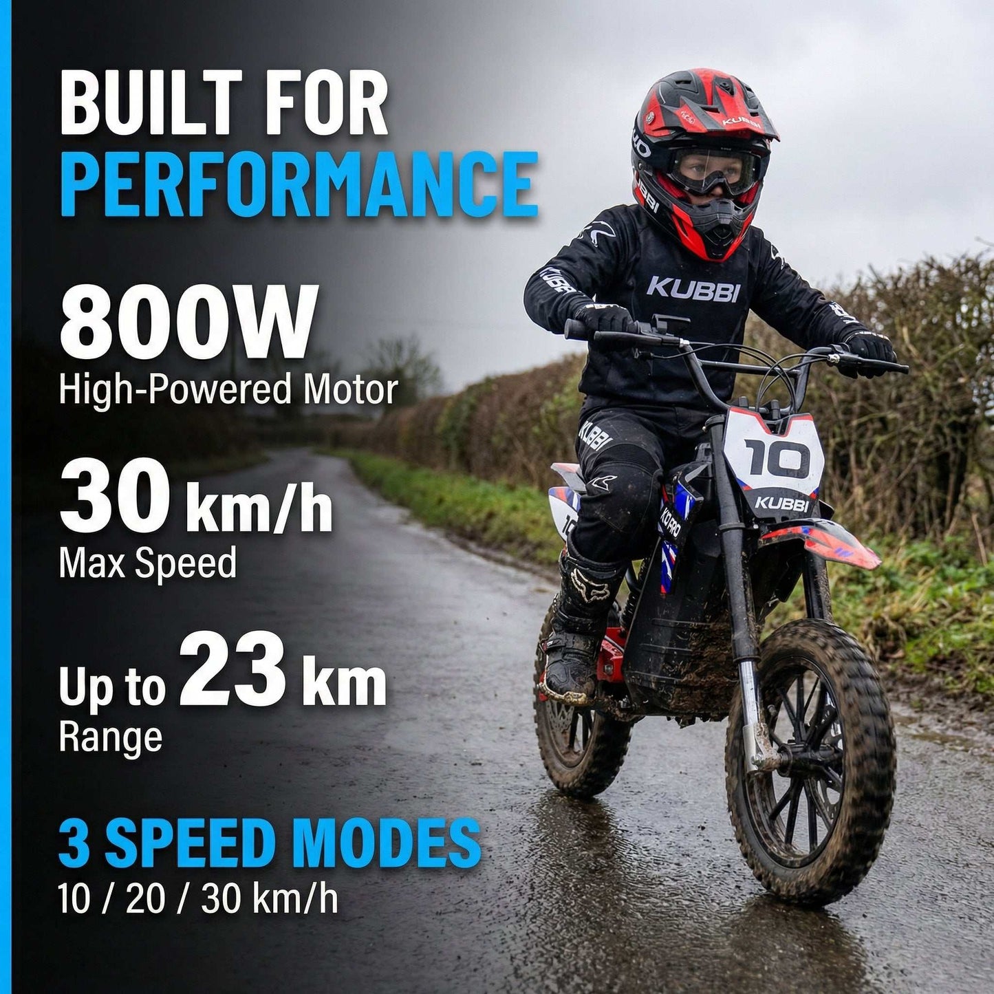Kubbi K10 Pro electric dirt bike for teens with 800W motor and 14-inch off-road tires
