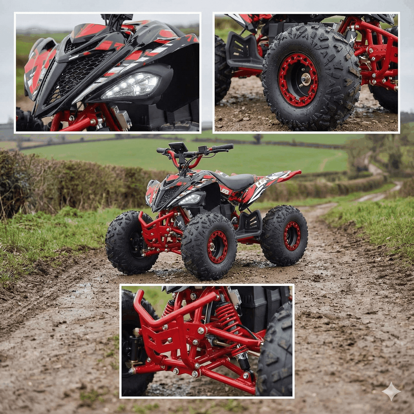 Kubbi Q19 electric quad bike for kids with 1500W motor, red and black design on dirt trail