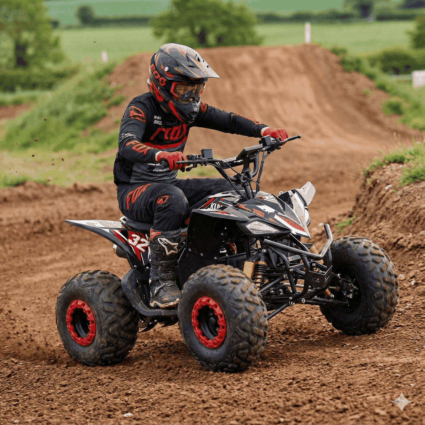 Teen riding Kubbi Q32 Quad electric quad bike on dirt track