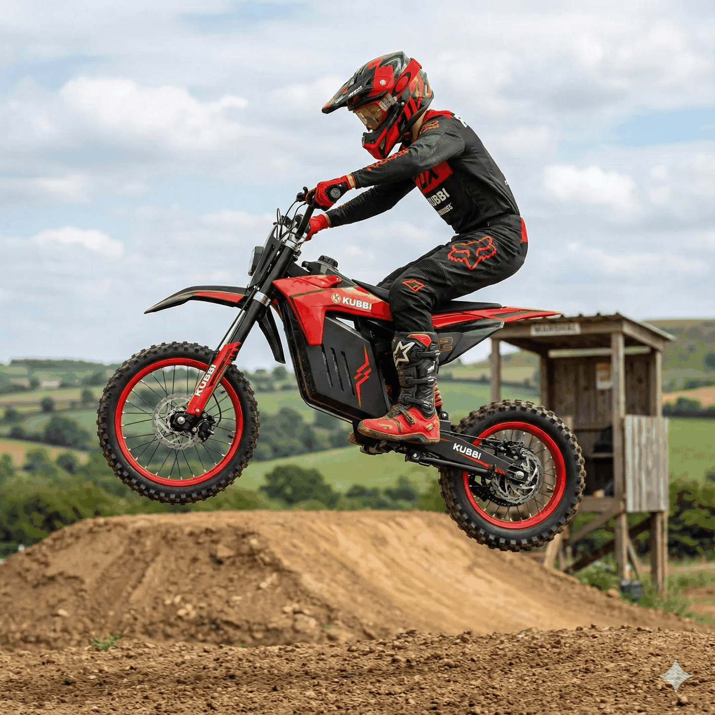 Teenager riding Kubbi K22 Electric Dirt Bike off-road, airborne over dirt track in countryside setting
