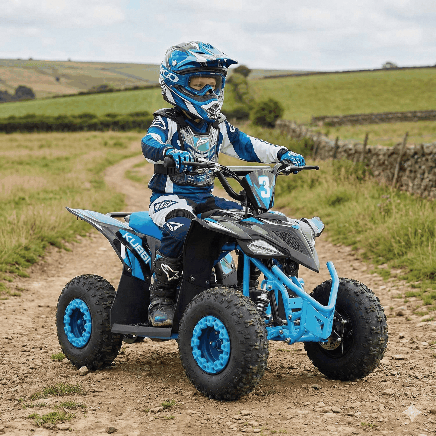 Young child riding blue Kubbi Q3 Electric Quad Bike on dirt trail, ages 3-9, 1200W power, off-road terrain.