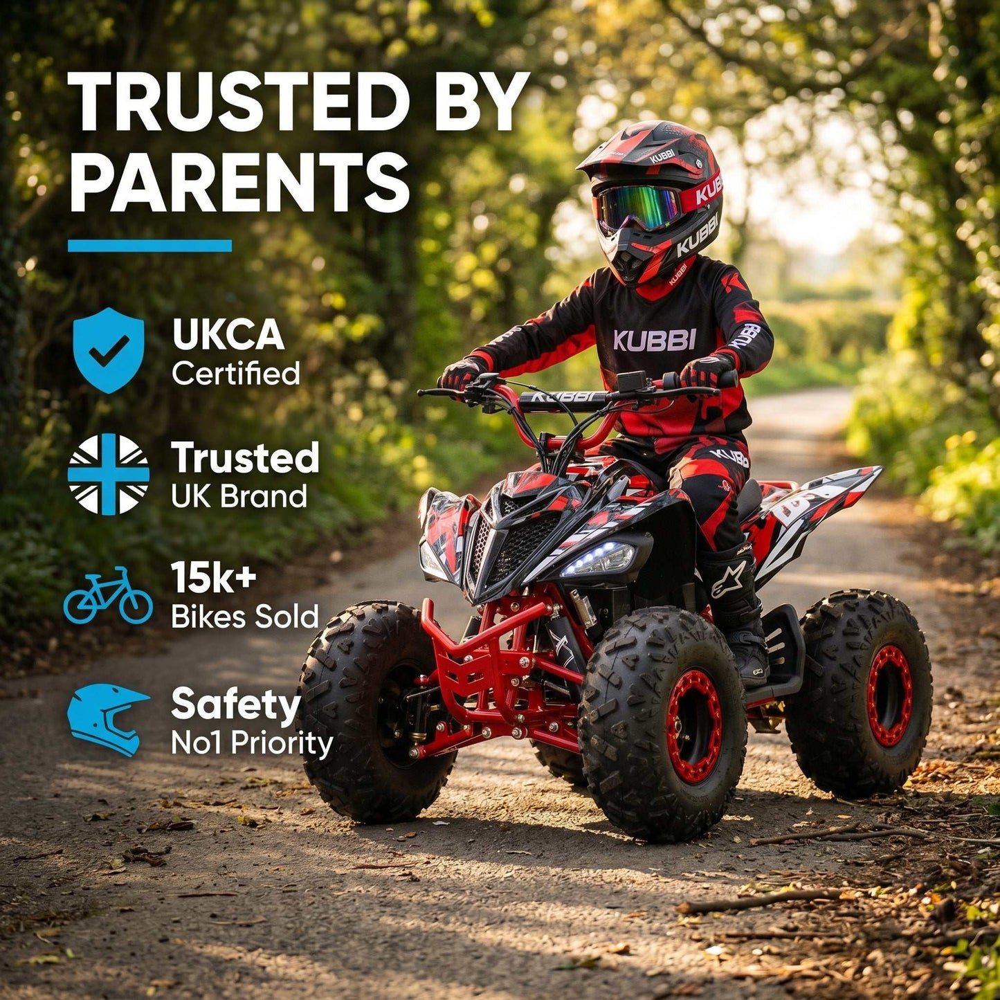 Kubbi Q19 electric quad bike for kids ages 7-14 with 1500W motor and shaft drive system