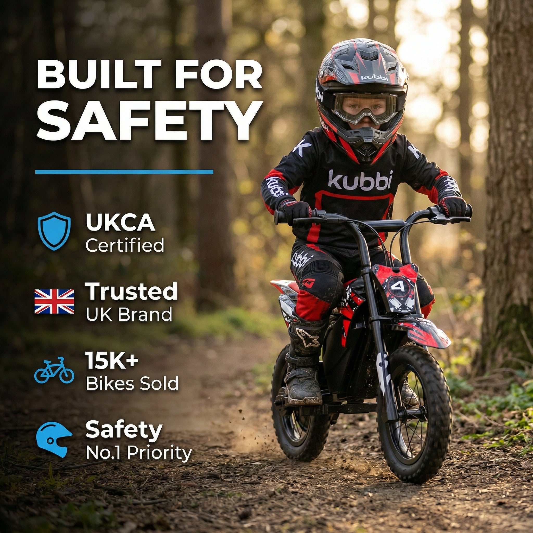 Kubbi K4 Dirt Bike kids electric off-road bike ages 3 to 7 with 12-inch pneumatic tyres and 150W motor