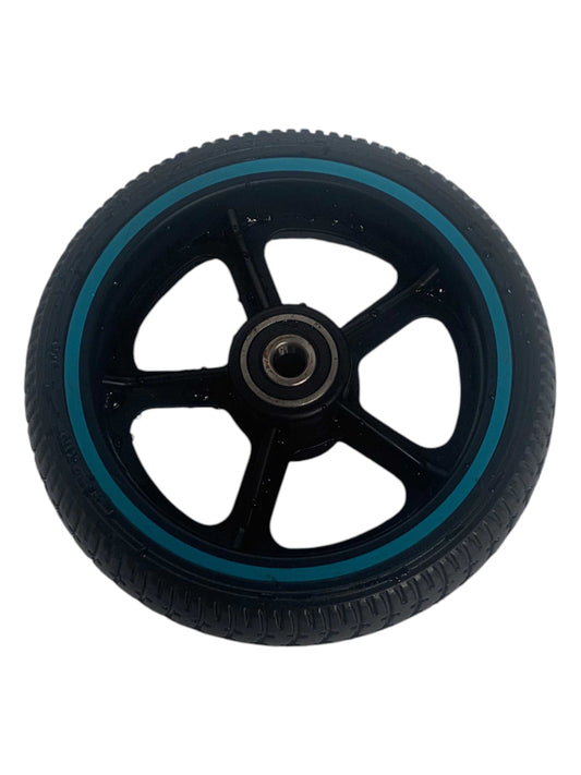 Close-up of S9 Pro front wheel with disc brake and tire tread details