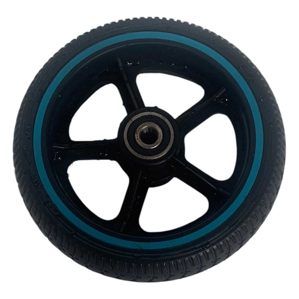 Blue S9 Pro front wheel close-up on white background