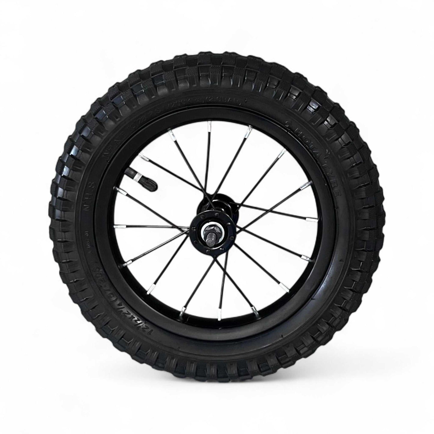 Mini - Rear Wheel with black tire and metal spokes isolated on white background