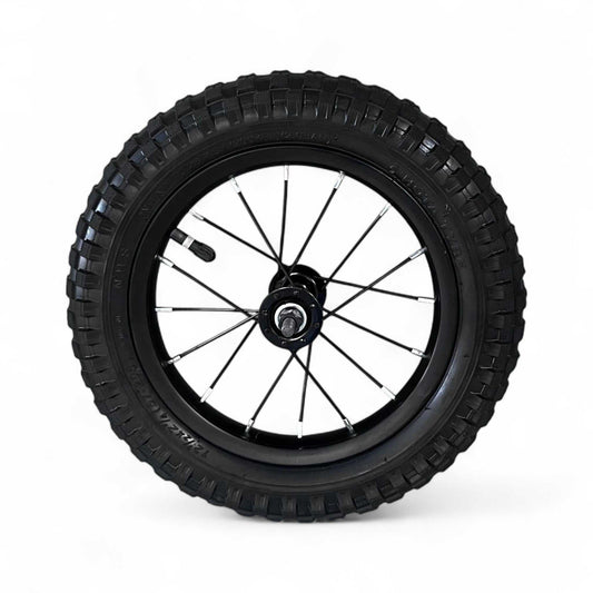 Mini - Rear Wheel with black tire and metal spokes isolated on white background