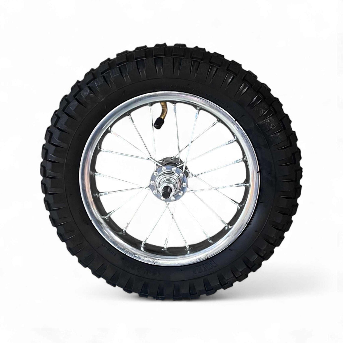 Mini steel wire wheel front with knobby tire and metal spokes on white background