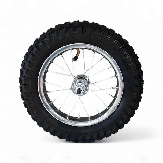 Mini steel wire wheel front with knobby tire and metal spokes on white background