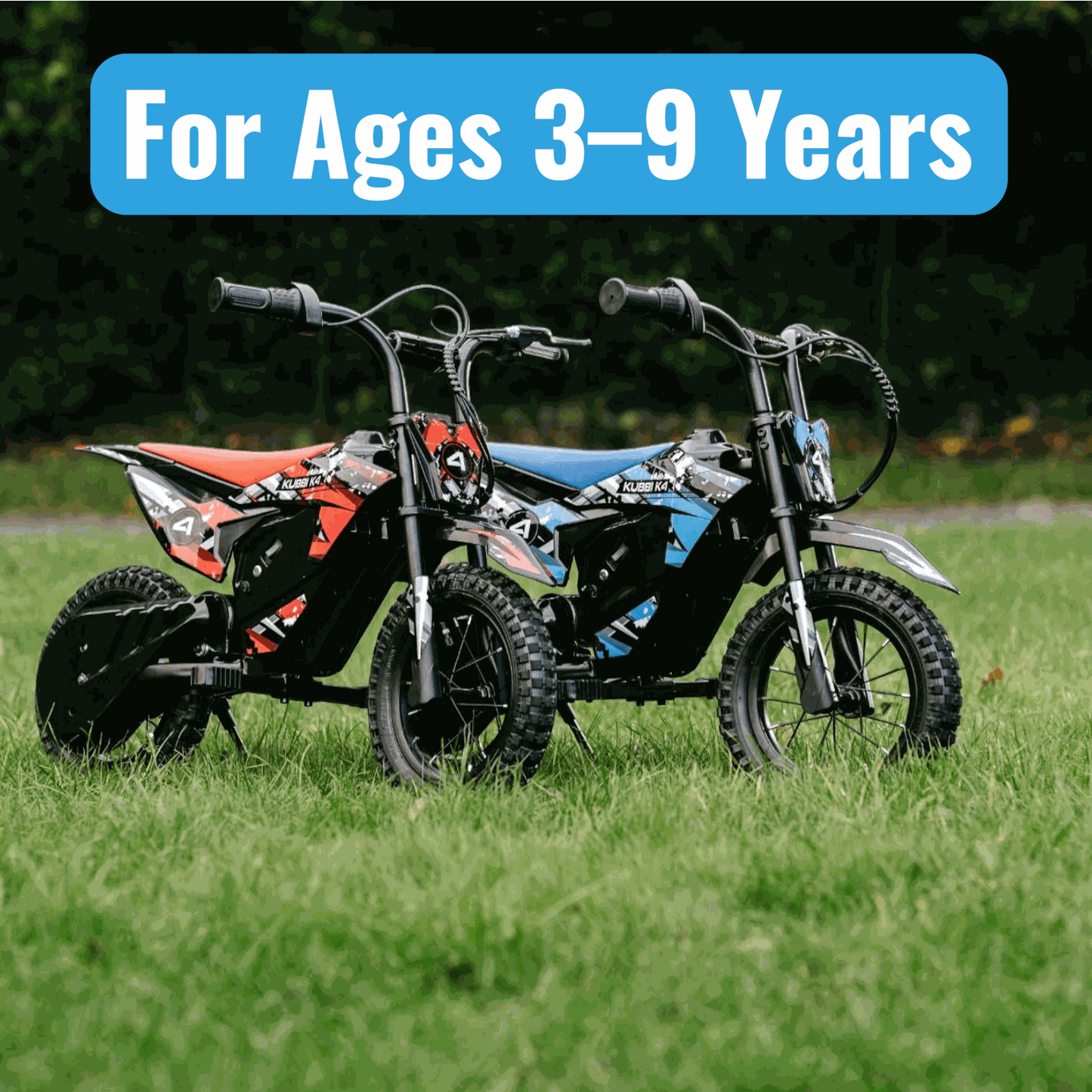 Kubbi K4 Dirt Bike kids electric dirt bikes in red and blue on grass for ages 3-9 years