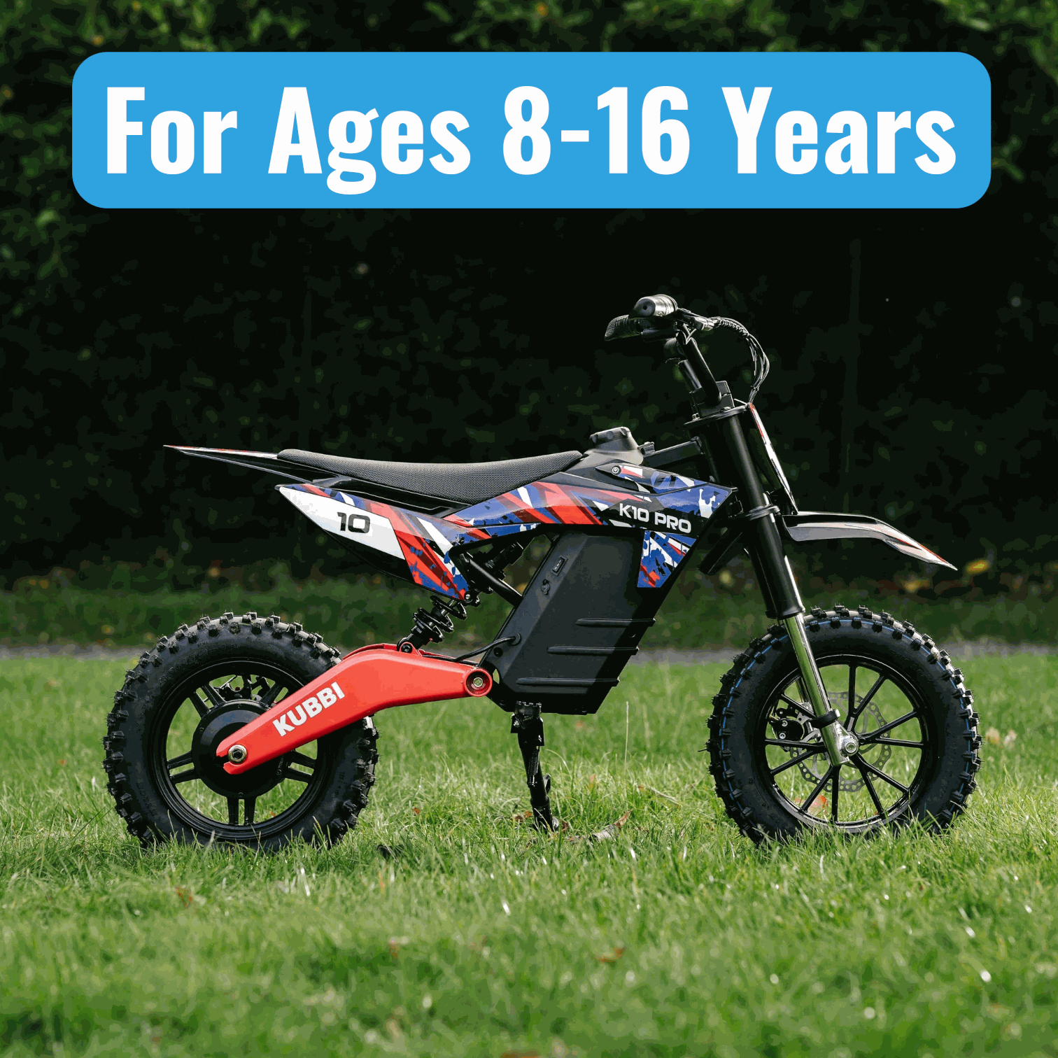 Kubbi K10 Pro kids electric dirt bike for ages 8-16 with 800W motor and off-road tires
